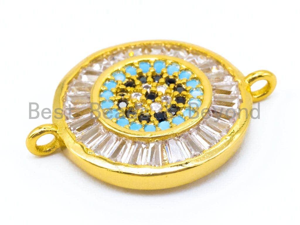 CZ Micro Pave Round Turquoise Black Evil Eye Connector, Evil Eye Connector,  20x15mm, Sku#E146C