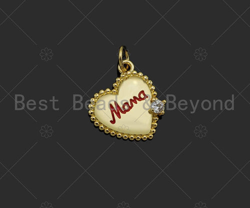 Gold Filled CZ Micro Pave Red Enamel Mama Word On Heart Shape Pendant, 18K Gold Filled Charm, Necklace Bracelet Charm,14x15mm,Sku#LK329