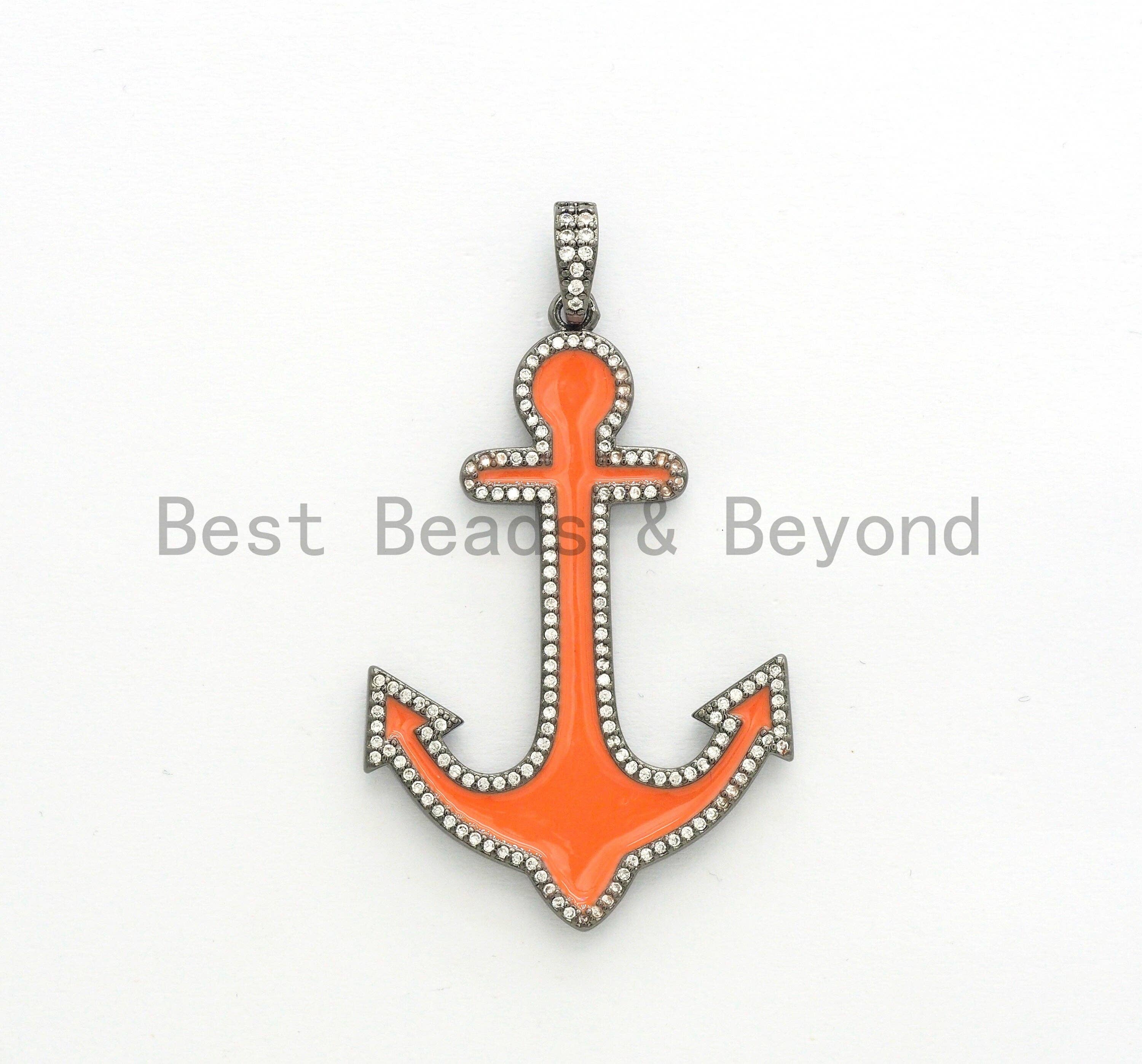 Enamel Anchor Pendant, Enamel Jewelry, CZ Pave Anchor, Colored Anchor Pendant, 32x48mm, Sku#F601