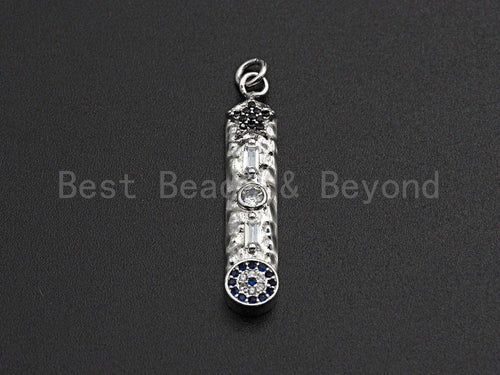 CZ Micro Pave Five Star Evil eye on Long Bar Pendant,Cubic Zirconia Charm, Silver/Gold Pendant,7x36mm,sku#Z524