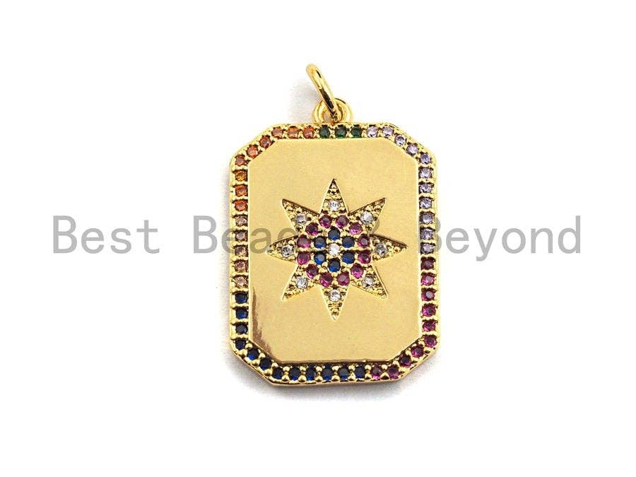 CZ Colorful Micro Pave Rectangle with Eight Pointed Star Pendant, Rectangle Tag Shaped Pave Pendant,Gold plated,17x24mm,Sku#F873