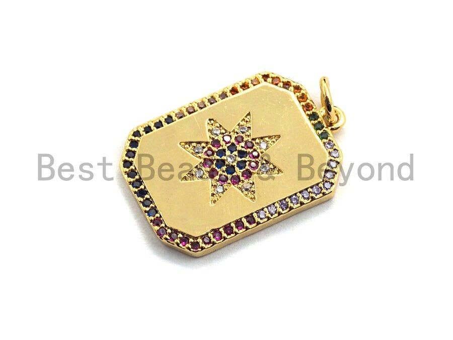 CZ Colorful Micro Pave Rectangle with Eight Pointed Star Pendant, Rectangle Tag Shaped Pave Pendant,Gold plated,17x24mm,Sku#F873