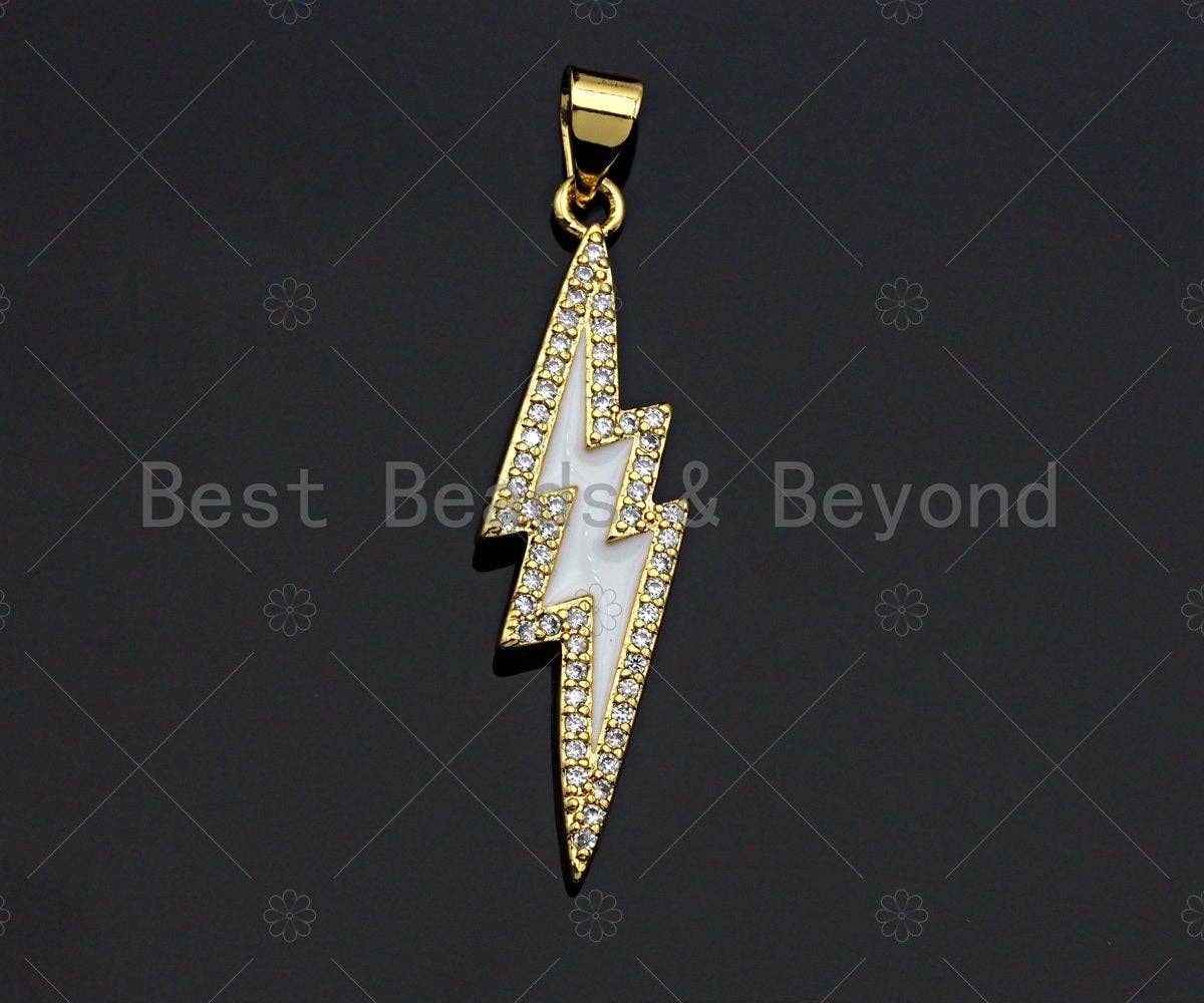 CZ Enamel Lightning Bolt Charm, Gold Finish Enamel CZ Pave lightning Sign Pendant, Pave Lightning Bolt Charm, 10x37mm, sku#LK116