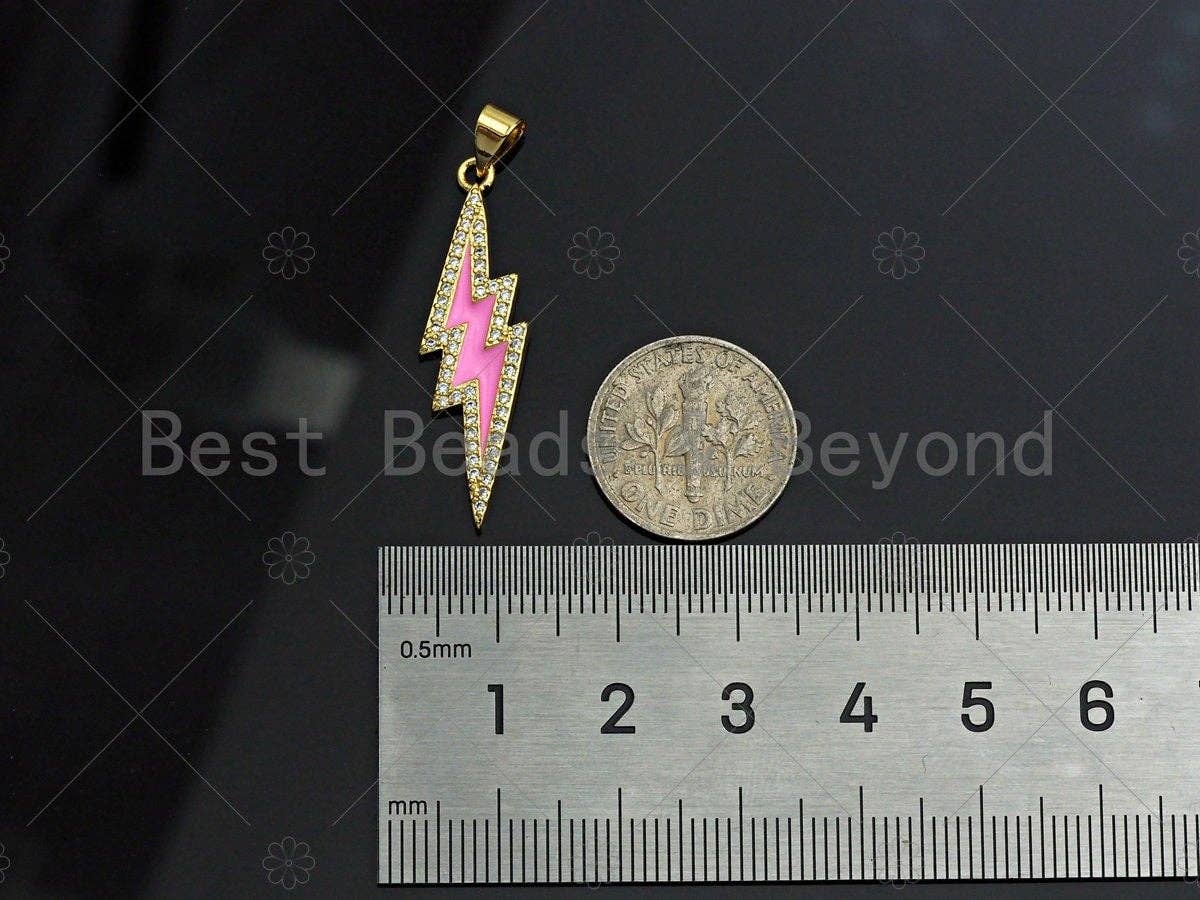 CZ Enamel Lightning Bolt Charm, Gold Finish Enamel CZ Pave lightning Sign Pendant, Pave Lightning Bolt Charm, 10x37mm, sku#LK116