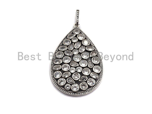 CZ Micro Pave Teardrop Pendant, Antique Silver Tone, Cubic Zirconia Pave Big Teardrop Charm Pendant, 36x55mm,sku#F1007