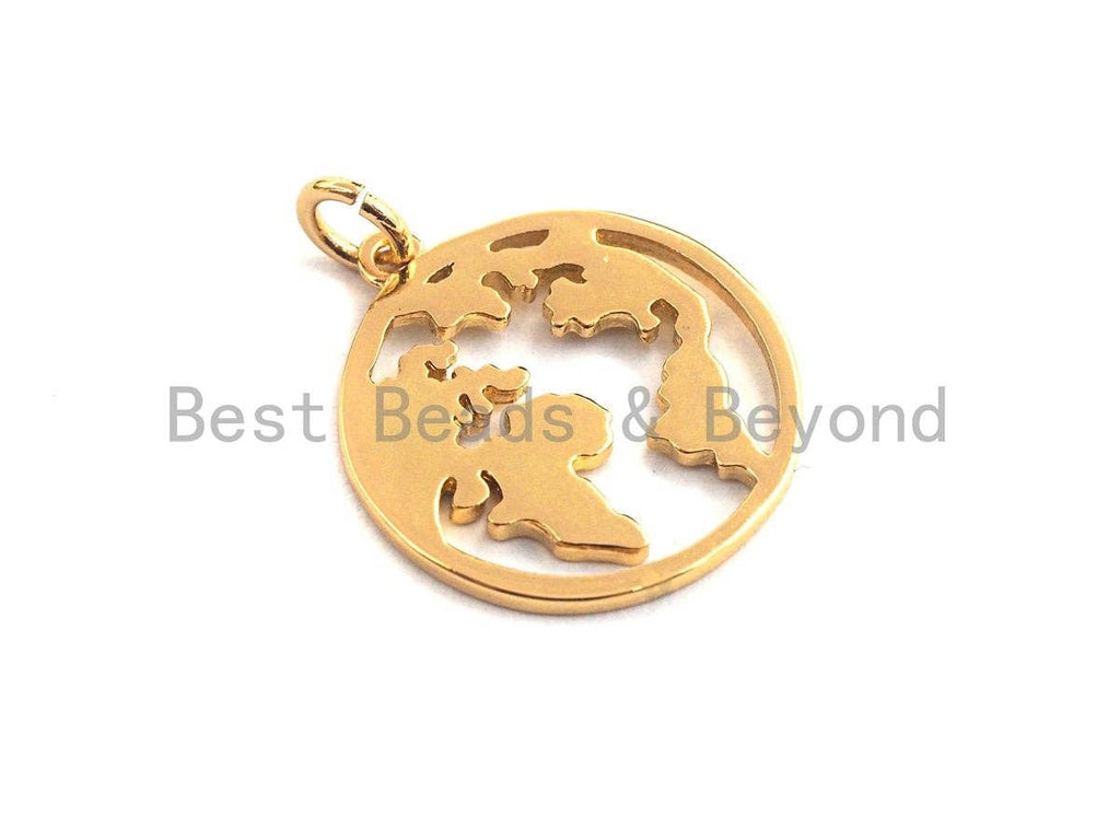 World Map Disc Pendant, Hollow Out Brass Pendant, Silver/Gold Global earth round pendant, 18x20mm, Sku#Z414