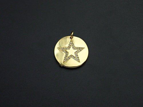CZ Micro Pave Five Star On Round Coin Pendant,Round Cubic Zirconia Pendant, 10x16mm,Sku#F1095