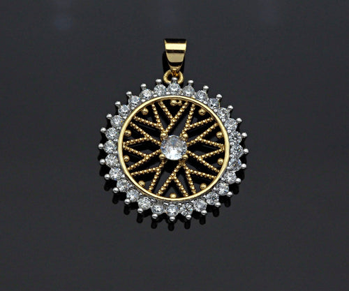 Gold Filigree Flower On CZ Micro Pave Round Ring Charms, Gold Charms, CZ Pave Pendant,Necklace Charms, 24x26mm, Sku#F1280
