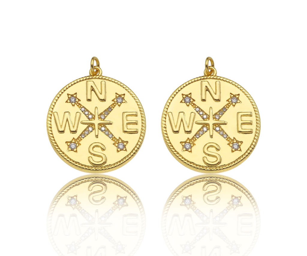 Gold Filled CZ Micro Pave Compass On Round Coin Shape Pendant, 18k Gold Filled Medallion Charm, Necklace Bracelet Pendant,25x27mm,Sku#Z1359