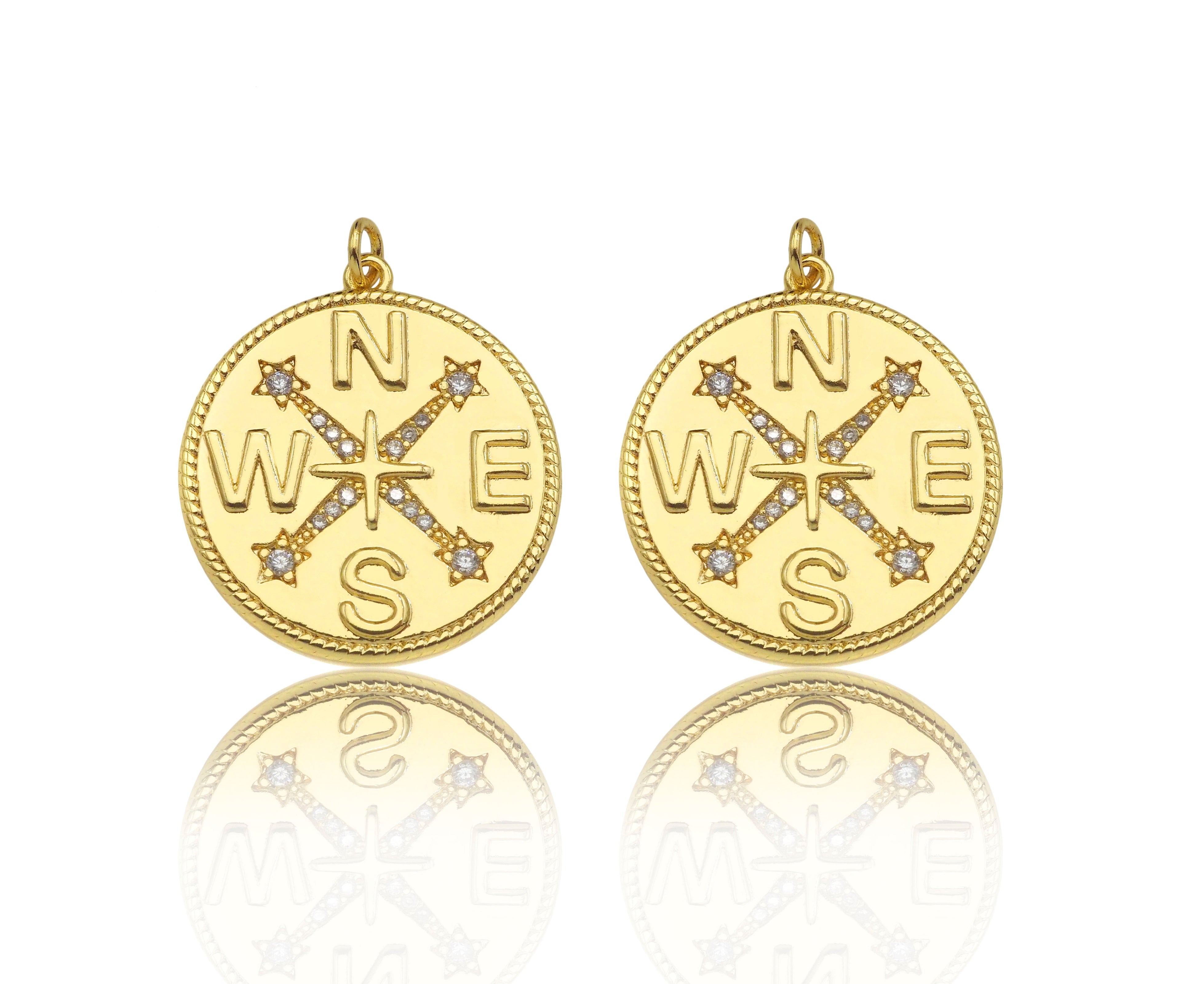 Gold Filled CZ Micro Pave Compass On Round Coin Shape Pendant, 18k Gold Filled Medallion Charm, Necklace Bracelet Pendant,25x27mm,Sku#Z1359