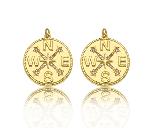 Gold Filled CZ Micro Pave Compass On Round Coin Shape Pendant, 18k Gold Filled Medallion Charm, Necklace Bracelet Pendant,25x27mm,Sku#Z1359