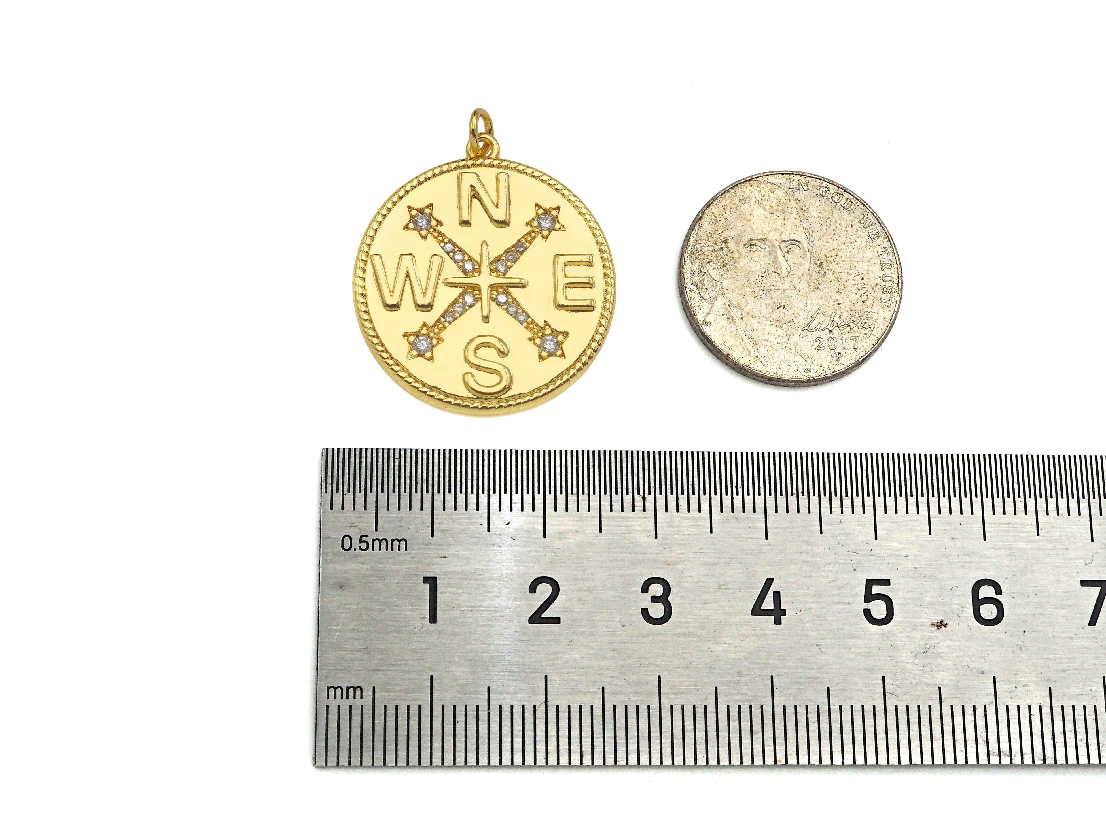 Gold Filled CZ Micro Pave Compass On Round Coin Shape Pendant, 18k Gold Filled Medallion Charm, Necklace Bracelet Pendant,25x27mm,Sku#Z1359