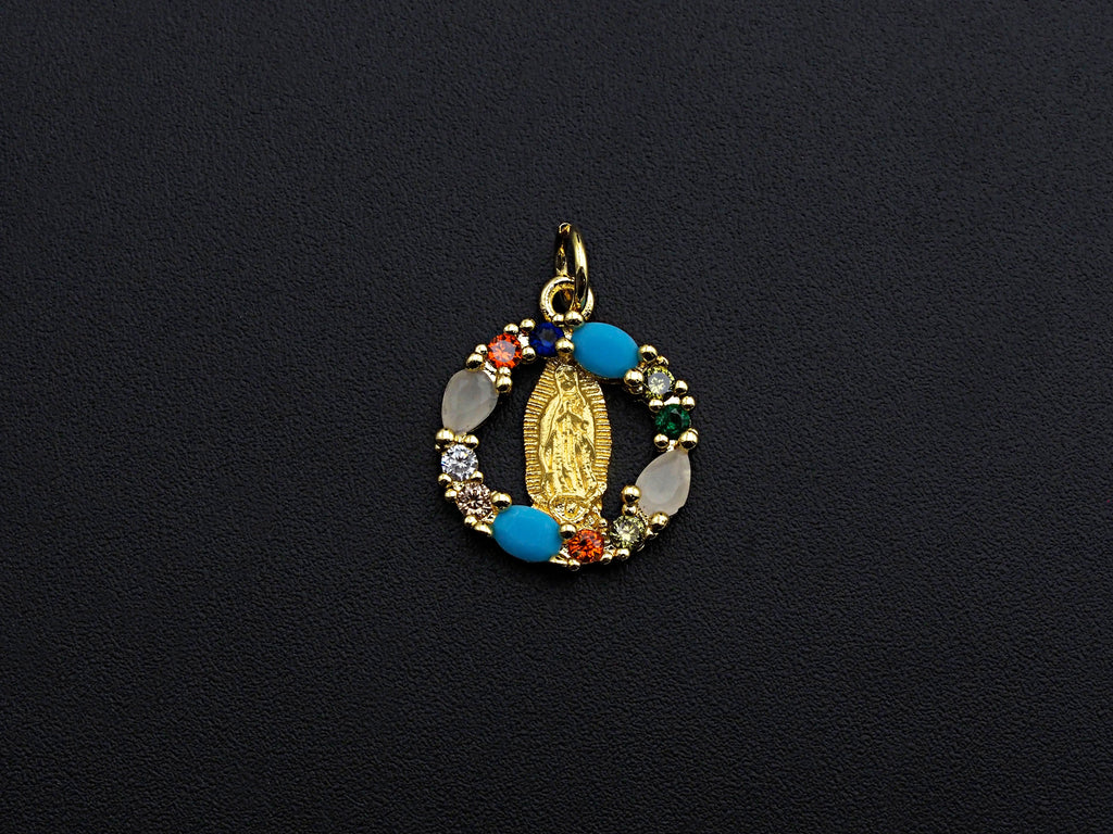 Colorful CZ Micro Pave Virgin Mary On Round/Heart Shape Pendant, Mary pendant, Religious Charm, 15mm, sku#Z771