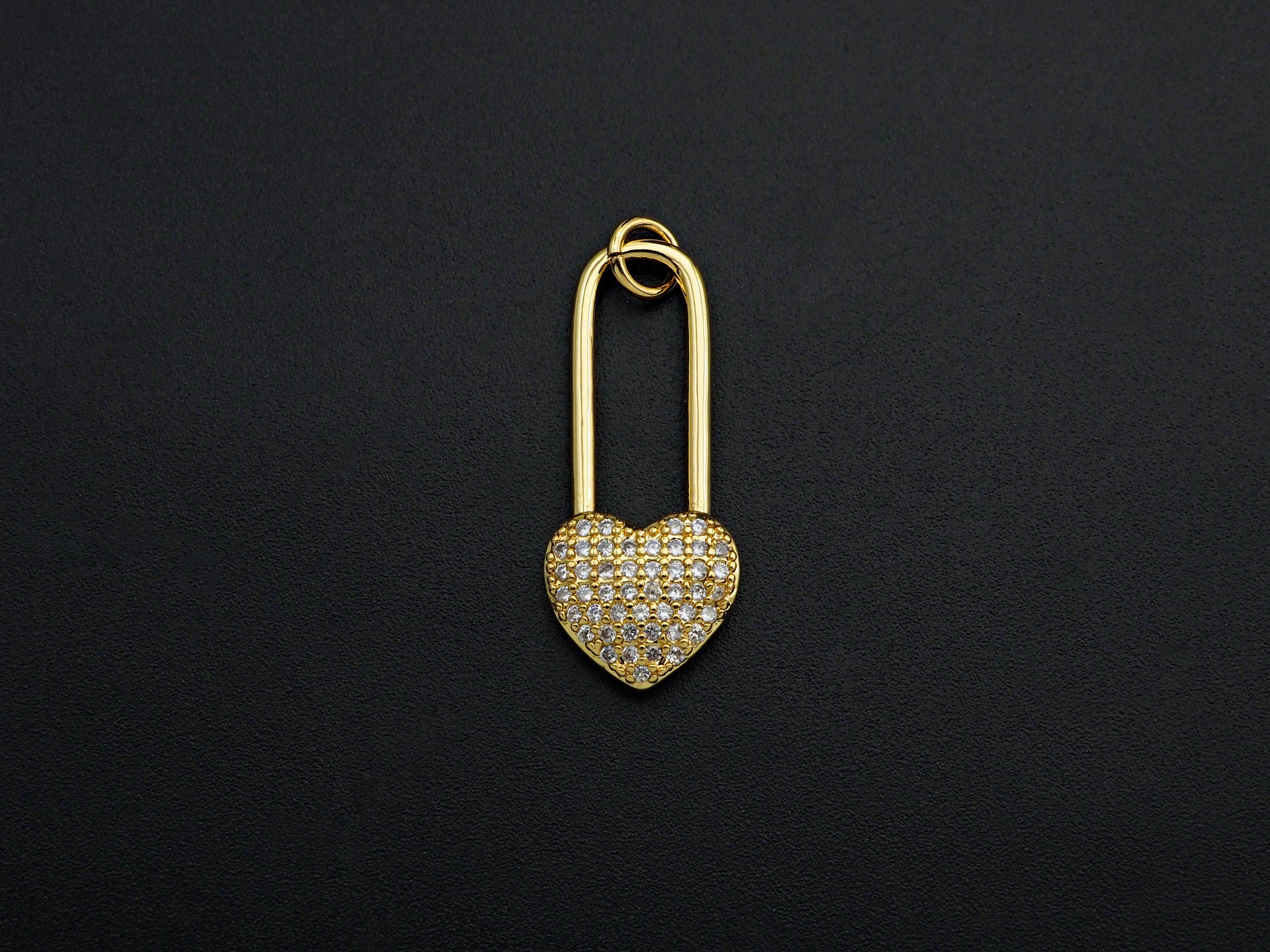 CZ Micro Pave Heart Lock Pendant, Cubic Zirconia Heart Pendant, Gold Tone pendant, 11x26mm, sku#F1110