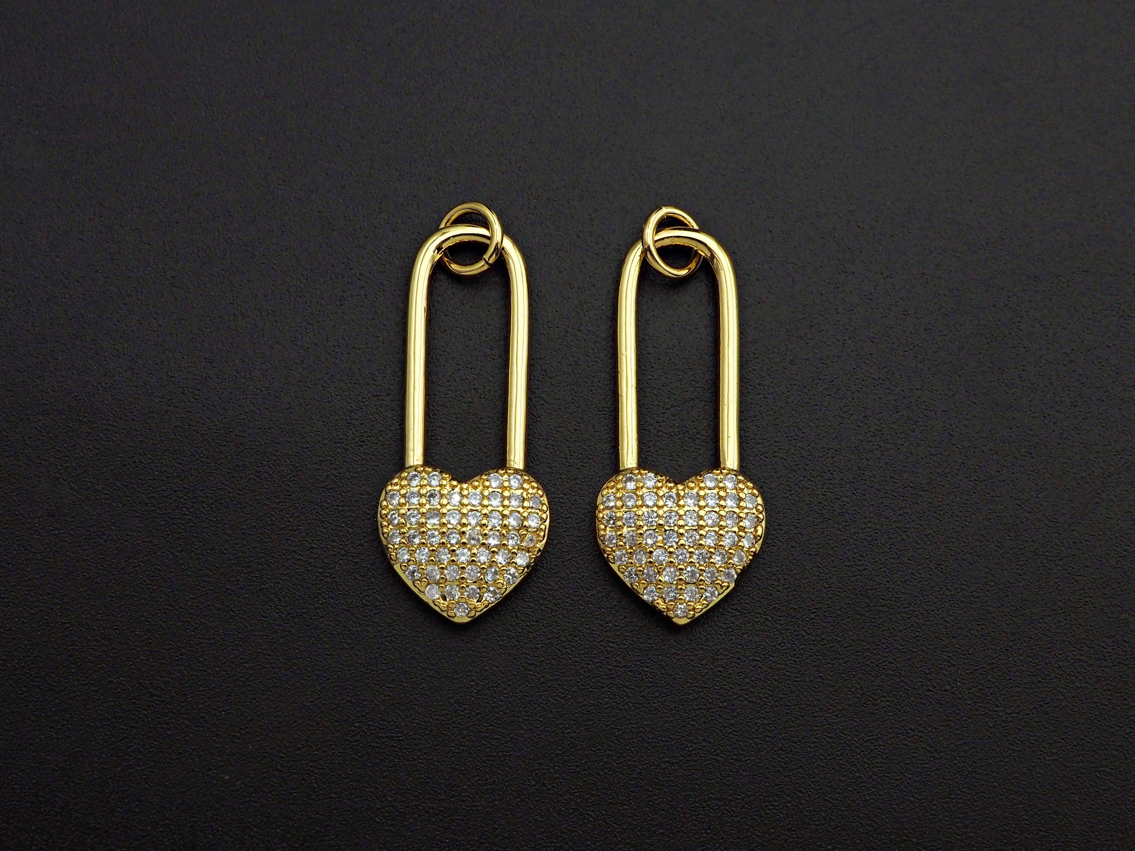 CZ Micro Pave Heart Lock Pendant, Cubic Zirconia Heart Pendant, Gold Tone pendant, 11x26mm, sku#F1110