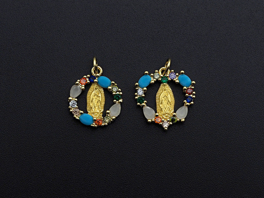 Colorful CZ Micro Pave Virgin Mary On Round/Heart Shape Pendant, Mary pendant, Religious Charm, 15mm, sku#Z771