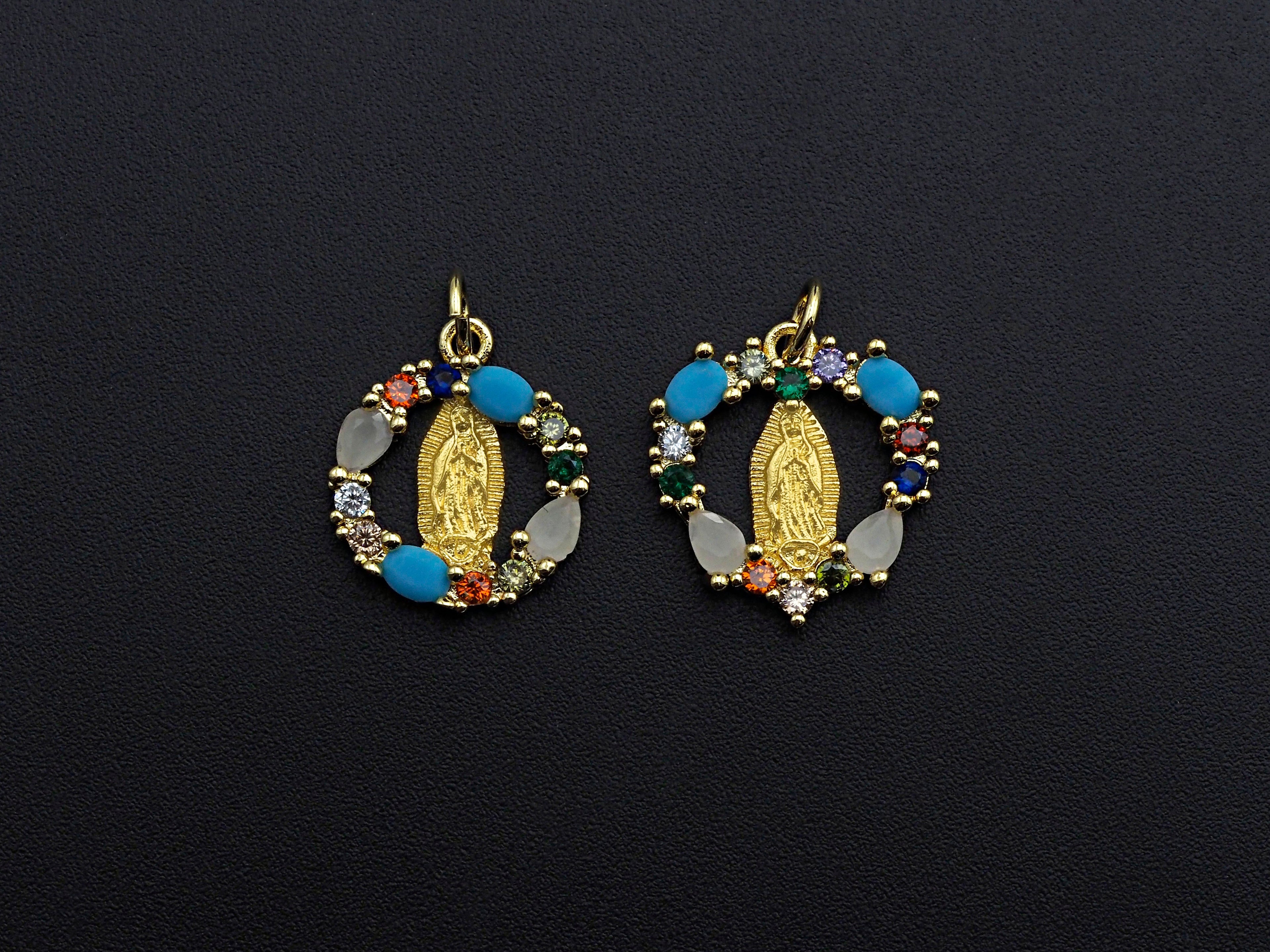 Colorful CZ Micro Pave Virgin Mary On Round/Heart Shape Pendant, Mary pendant, Religious Charm, 15mm, sku#Z771