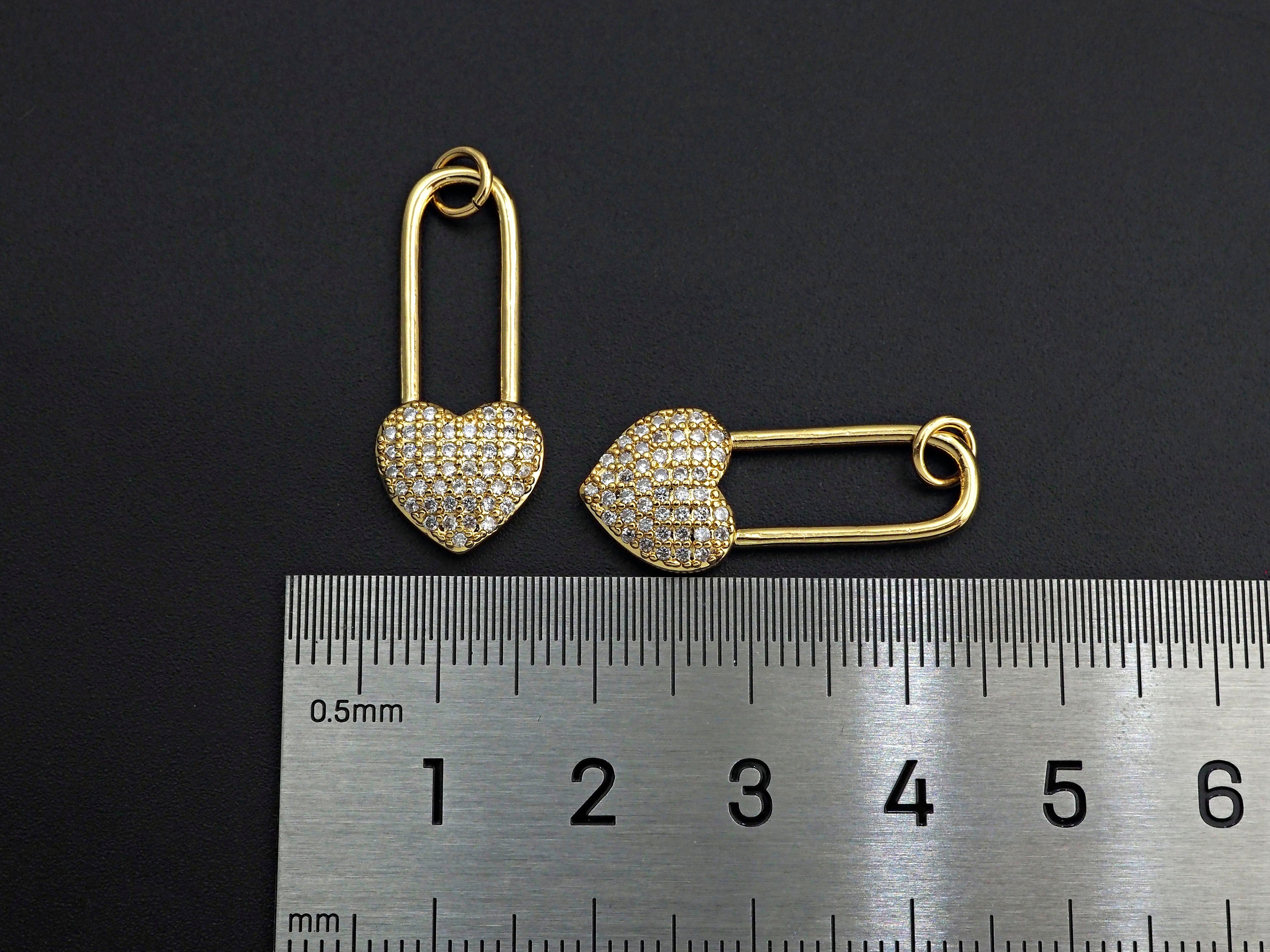 CZ Micro Pave Heart Lock Pendant, Cubic Zirconia Heart Pendant, Gold Tone pendant, 11x26mm, sku#F1110