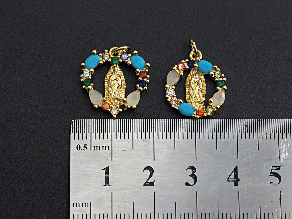 Colorful CZ Micro Pave Virgin Mary On Round/Heart Shape Pendant, Mary pendant, Religious Charm, 15mm, sku#Z771