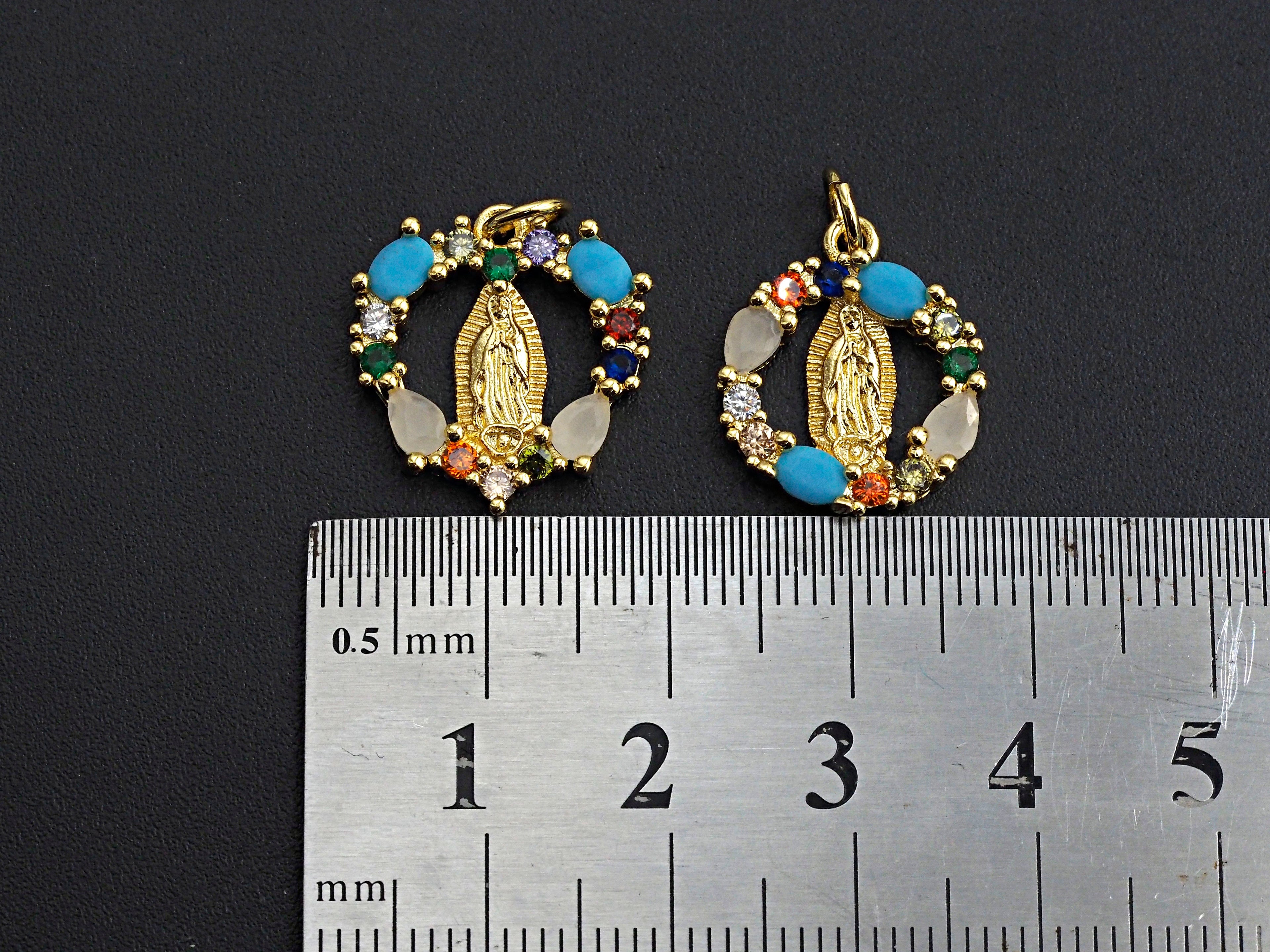 Colorful CZ Micro Pave Virgin Mary On Round/Heart Shape Pendant, Mary pendant, Religious Charm, 15mm, sku#Z771