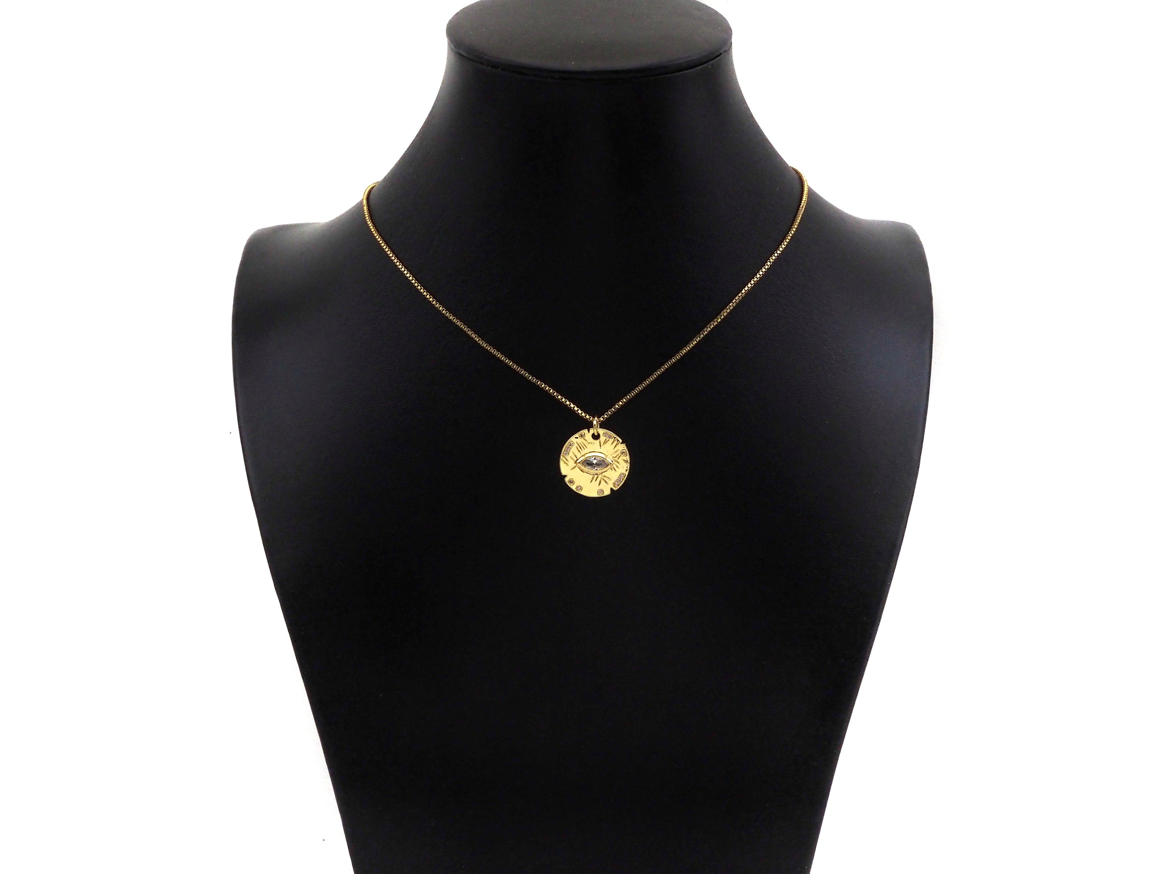 CZ Micro Pave Evil Eye On Round Coin Shape Pendant,Cubic Zir