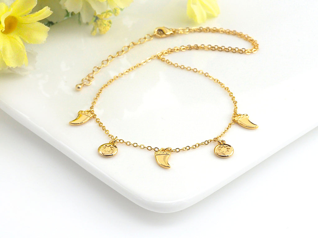 Gold Horn Coin Charm Necklace, Coin Necklace, Dainty Gold Necklace, sku#Z706