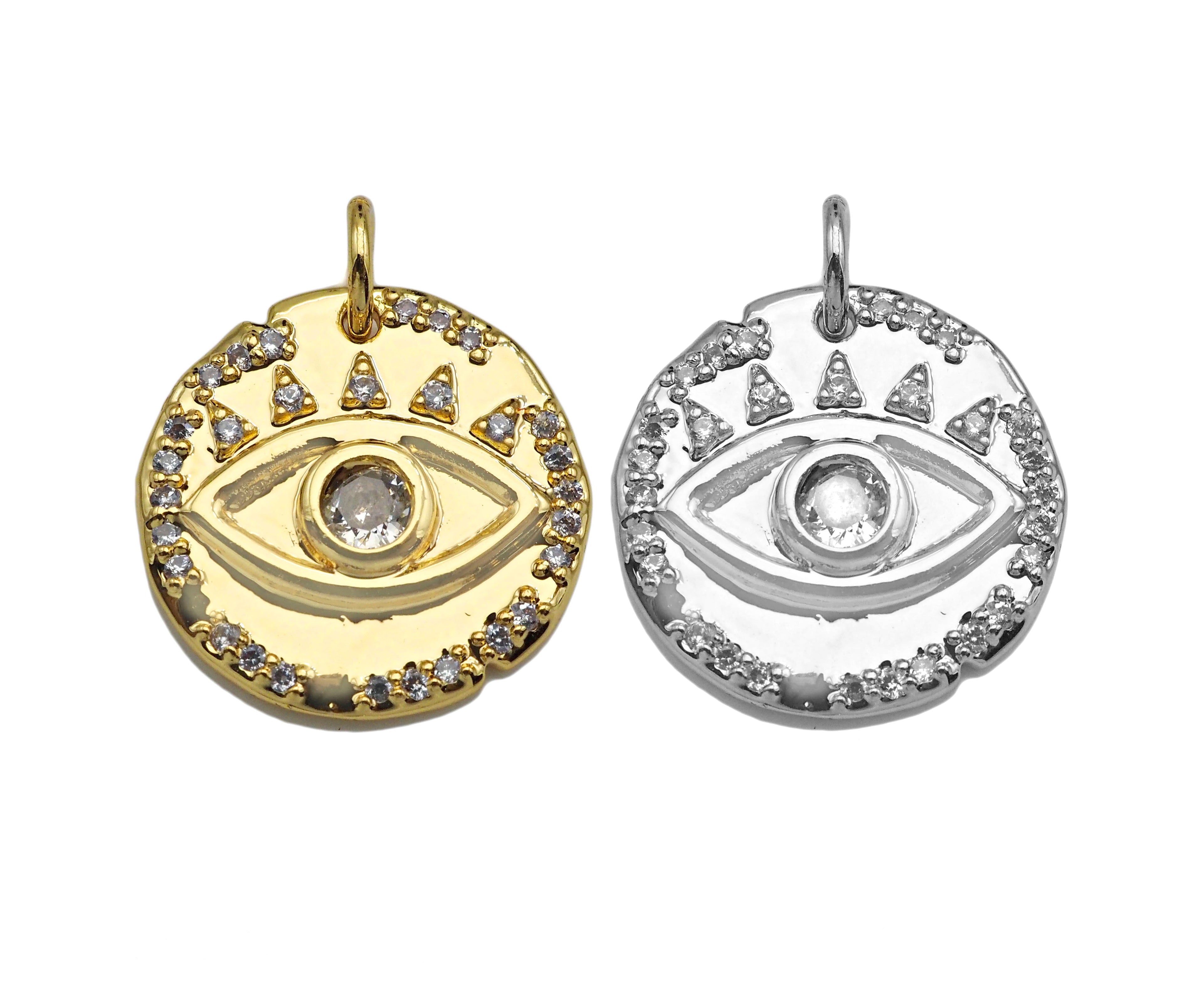 CZ Micro Pave Evil Eye On Hammered Coin Pendant/Charm,Cubic Zirconia Gold/Silver Charm, Necklace Bracelet Charm Pendant,16x16mm, Sku#L398