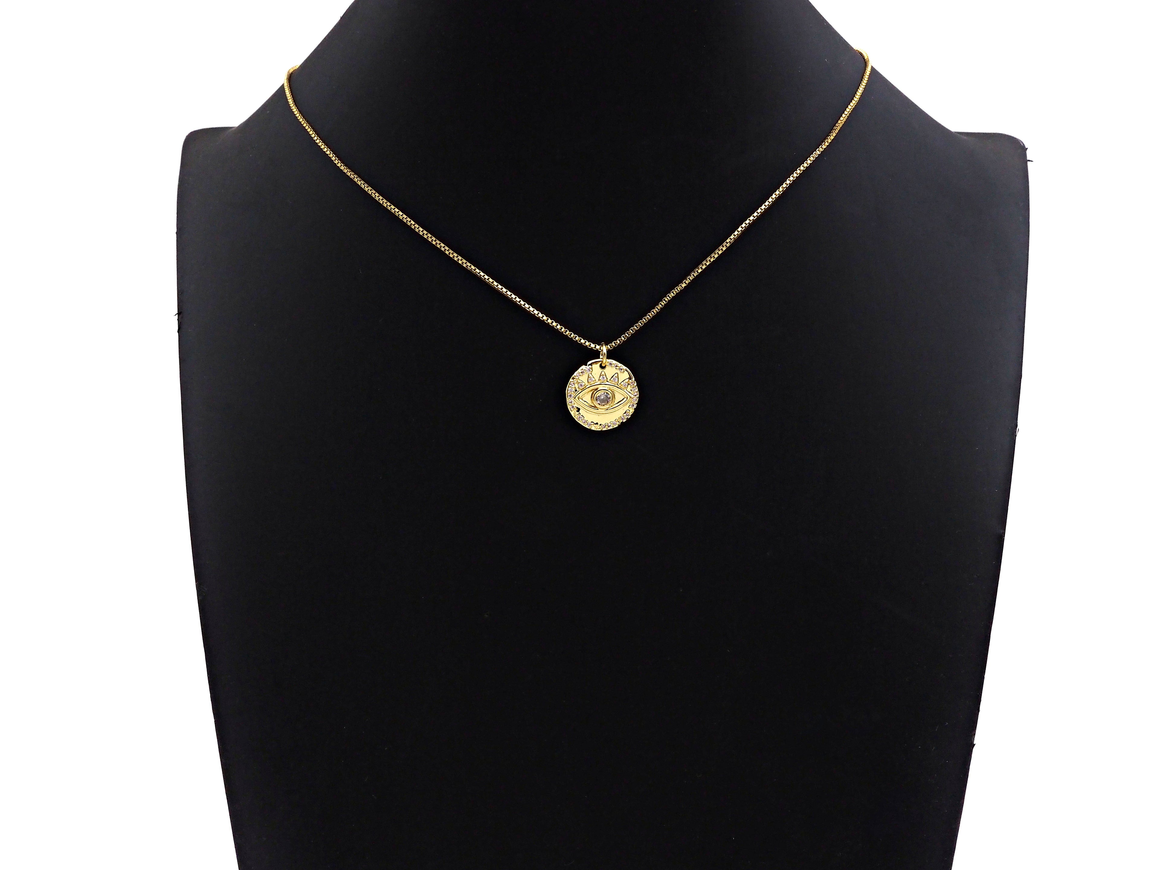 CZ Micro Pave Evil Eye On Hammered Coin Pendant/Charm,Cubic Zirconia Gold/Silver Charm, Necklace Bracelet Charm Pendant,16x16mm, Sku#L398