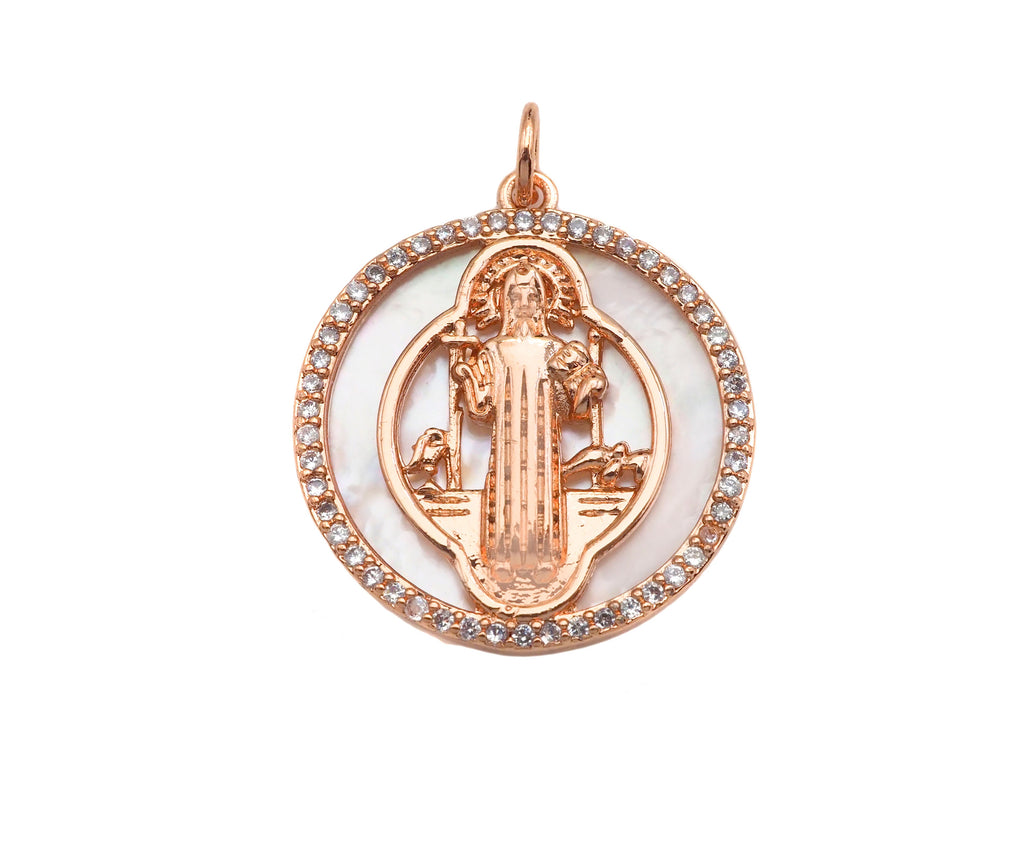 CZ Micro Pave Virgin Mary Mother of Pearl On Round Coin Charms, 18K Gold MOP Pendnat,Virgin Mary Pendant,Necklace Charms, 22x24mm, Sku#Z1251