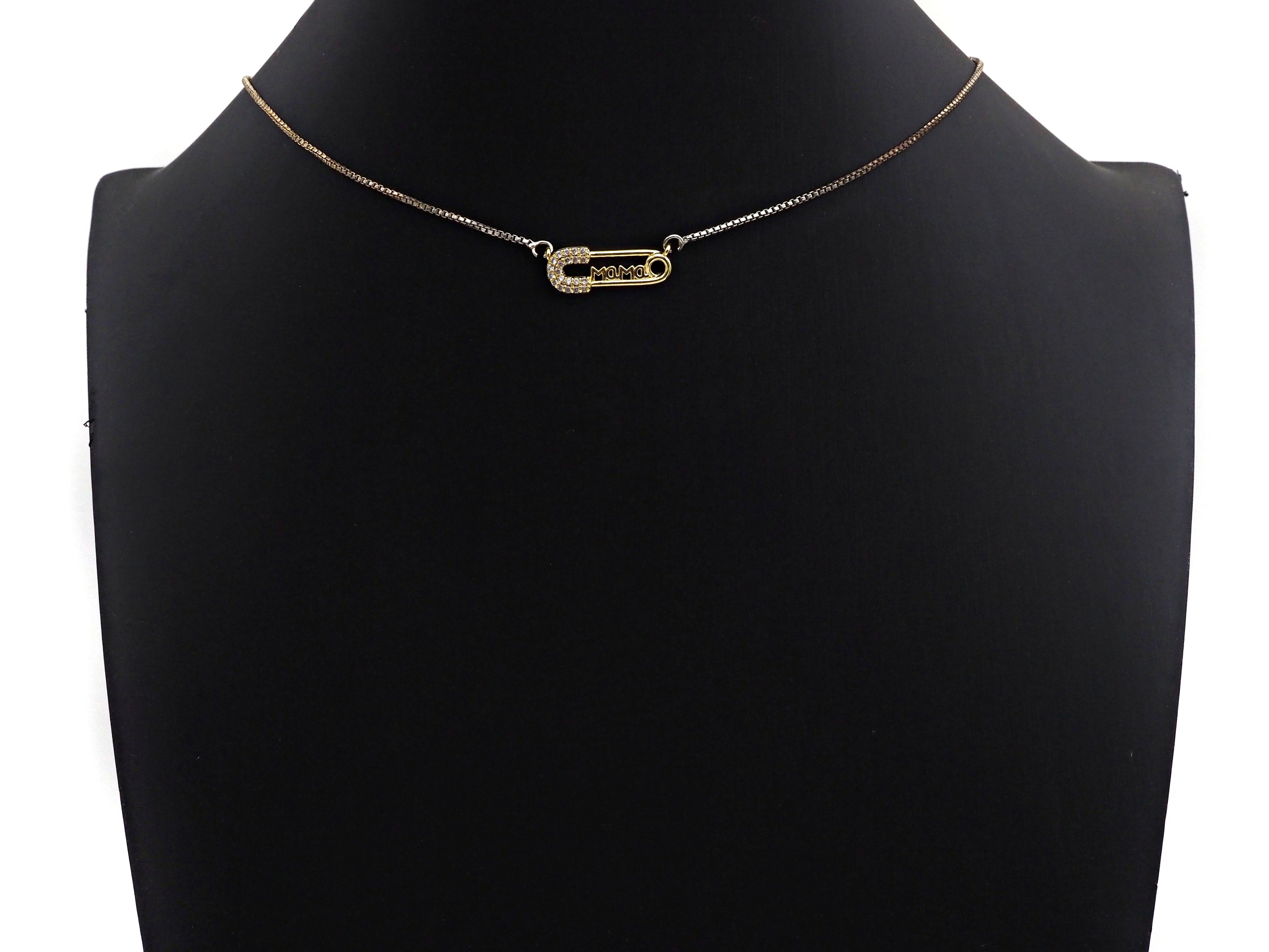 CZ Micro Pave Mama Safety Pin Pendant, Safety Pin Cubic Zirc