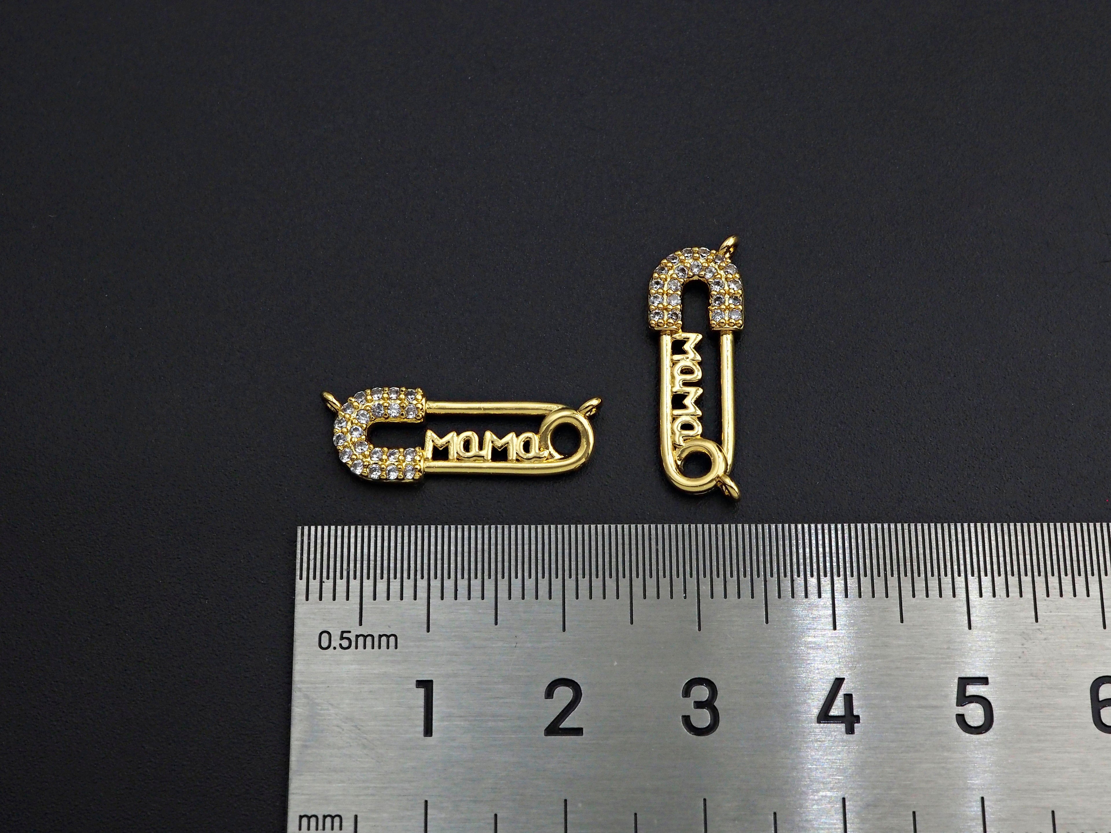 CZ Micro Pave Mama Safety Pin Pendant, Safety Pin Cubic Zirc
