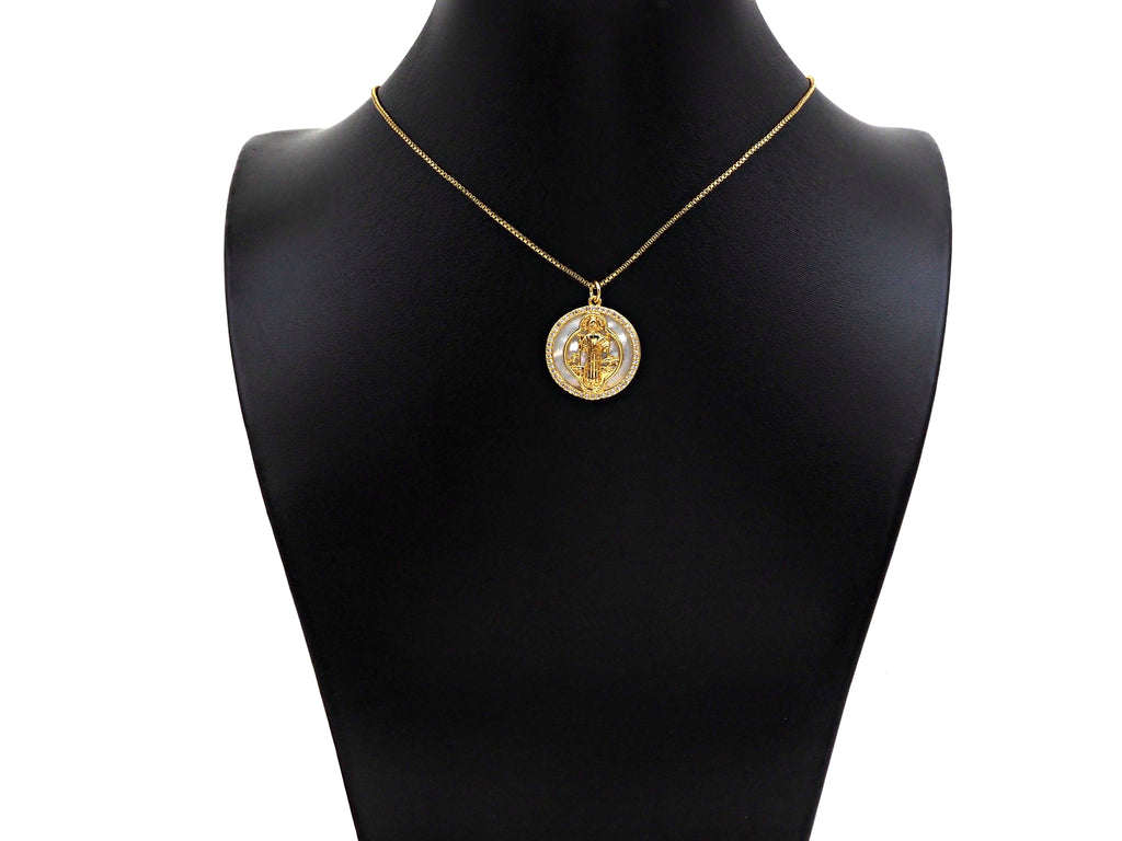 CZ Micro Pave Virgin Mary Mother of Pearl On Round Coin Charms, 18K Gold MOP Pendnat,Virgin Mary Pendant,Necklace Charms, 22x24mm, Sku#Z1251