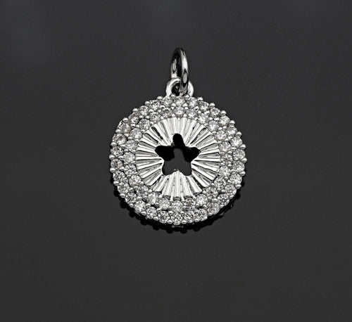 CZ Micro Pave Hollow Out Five Star On Round Coin Shape Pendant, Gold/Silver Plated,Necklace Bracelet Charm Pendant,14x16mm,sku#F1253