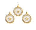 CZ Micro Pave White Enamel Five Star On Round Coin Charms, CZ Enamel Pendant/Charm, Round Necklace Charms, 14x16mm, Sku#Z1254
