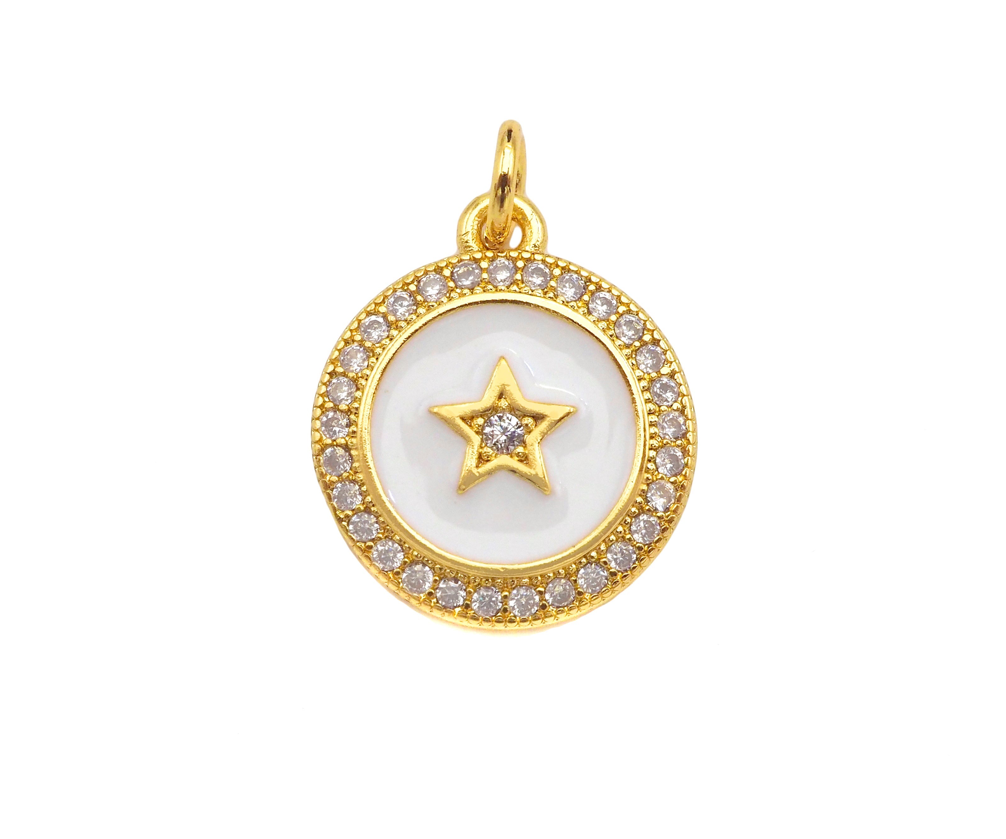 CZ Micro Pave White Enamel Five Star On Round Coin Charms, CZ Enamel Pendant/Charm, Round Necklace Charms, 14x16mm, Sku#Z1254