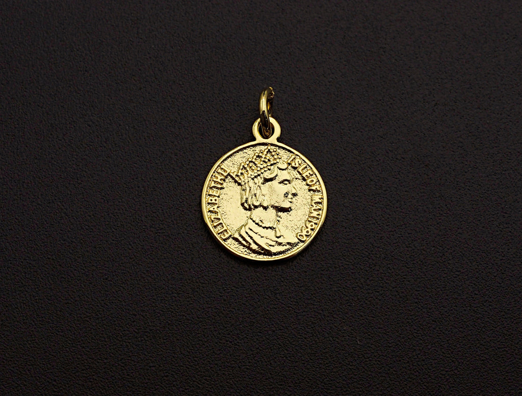 Medallion Elizabeth Queen Coin Pendant, Round Coin Pendant,  Gold Coin Pendant,13x16 mm, Sku#Z728