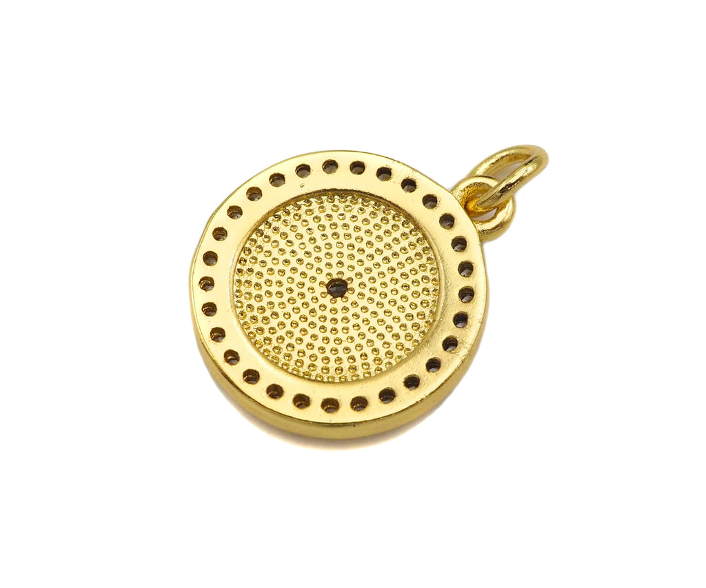 CZ Micro Pave White Enamel Five Star On Round Coin Charms, CZ Enamel Pendant/Charm, Round Necklace Charms, 14x16mm, Sku#Z1254