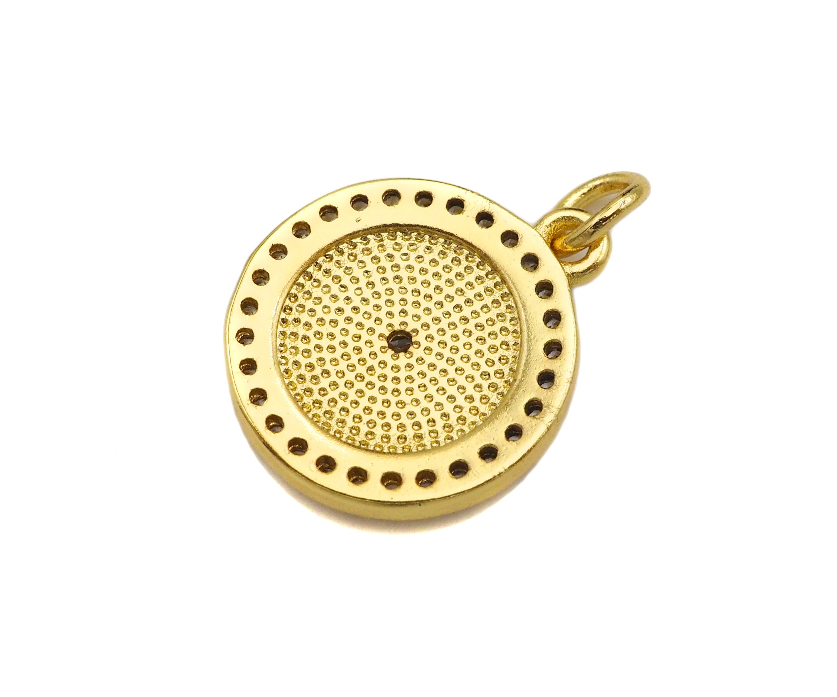 CZ Micro Pave White Enamel Five Star On Round Coin Charms, CZ Enamel Pendant/Charm, Round Necklace Charms, 14x16mm, Sku#Z1254