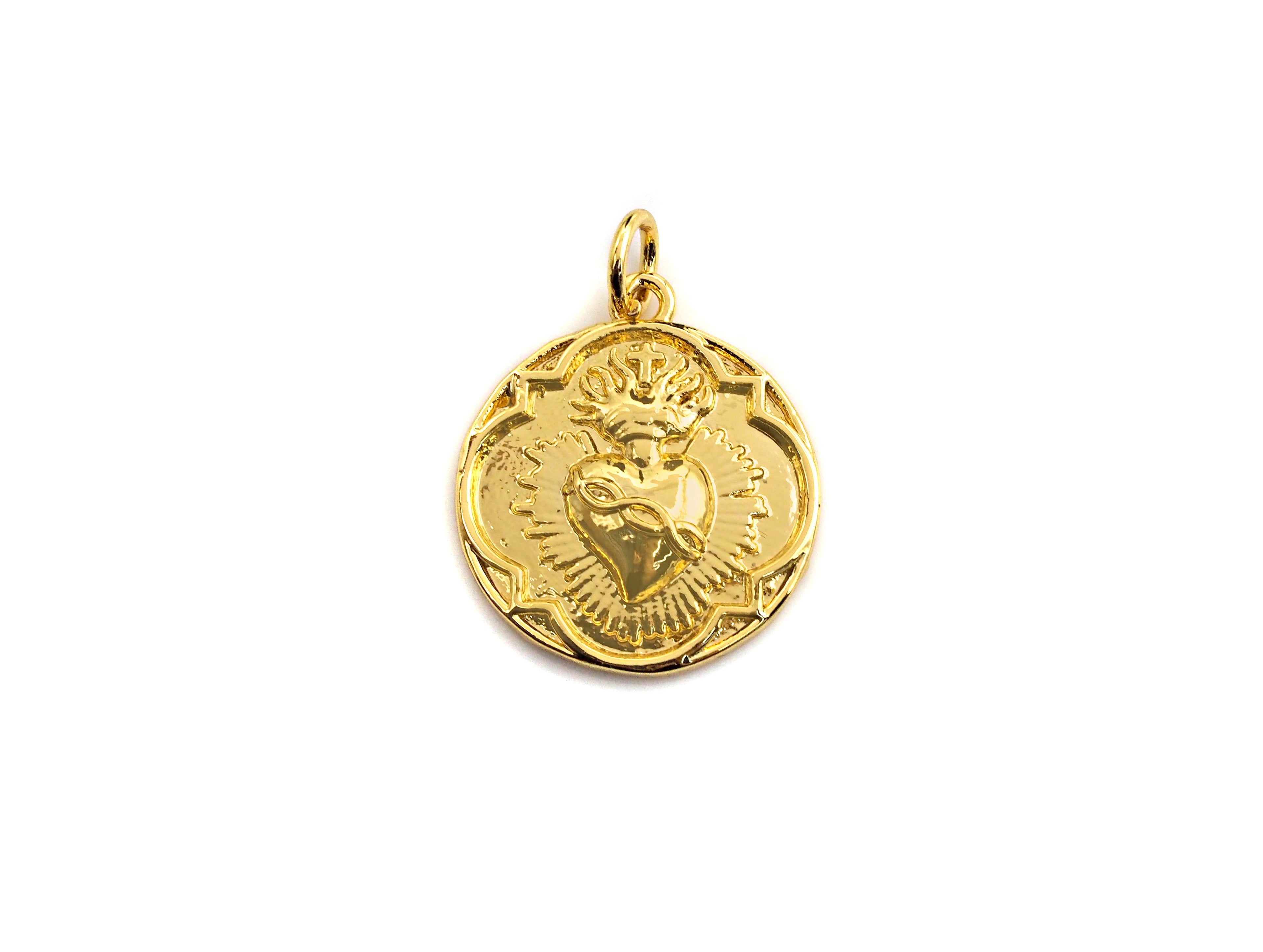 Medallion Heart Pendant/Charm, Embossment Heart Disc Pendant, Cubic Zirconia Pendant, Gold Tone, 18x20mm, Sku#Z693