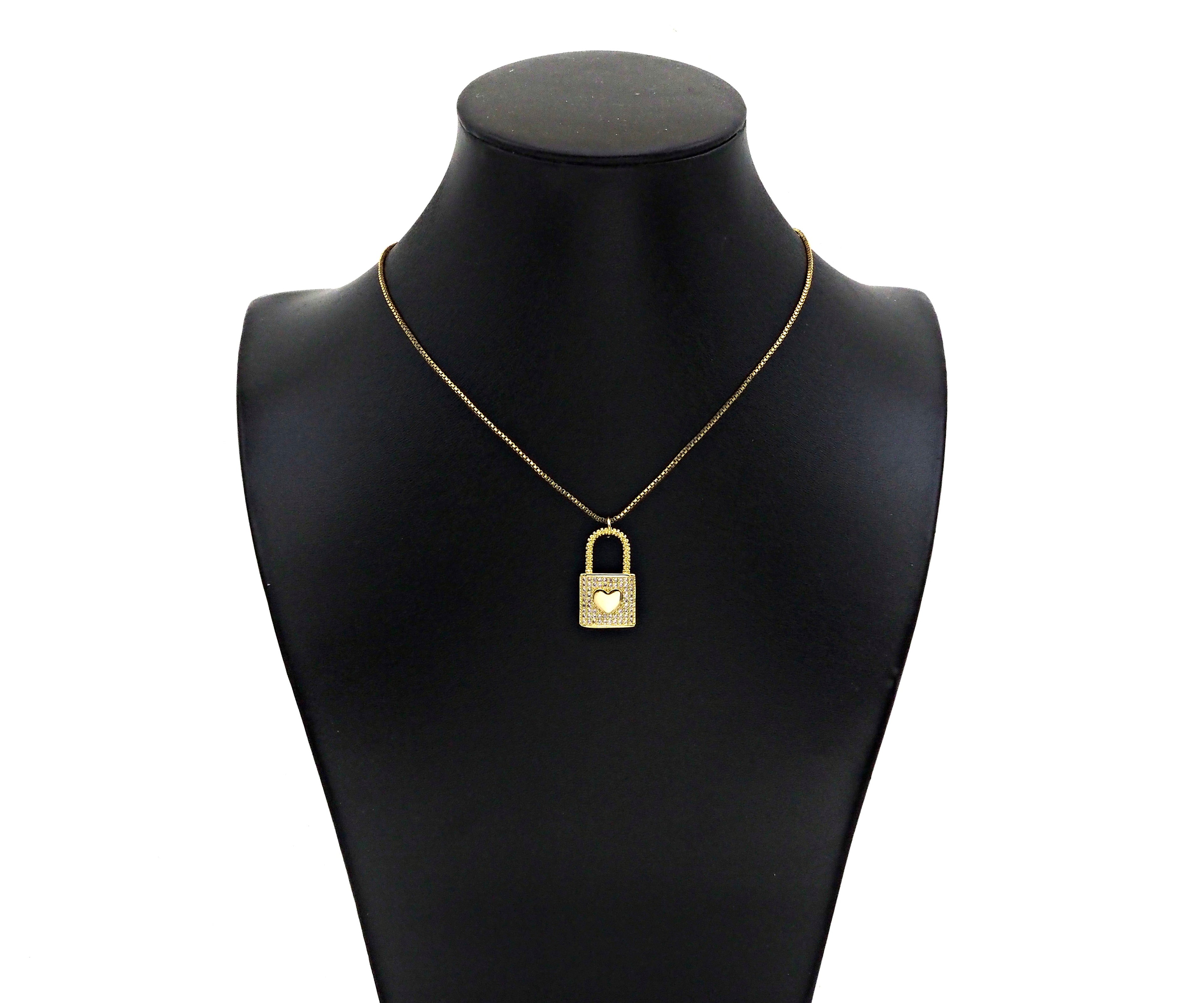 CZ Micro Pave Heart On Lock Shape Pendant/Charm,18K Gold Fil
