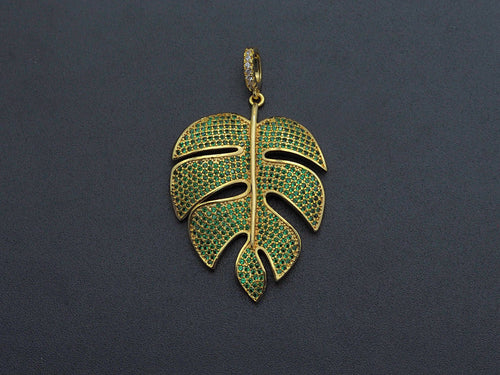 Green CZ Micro Pave Large Leaf  Pendant/Charm, Leaf Cubic Zirconia Pendant, 31x42mm,Sku#F1071