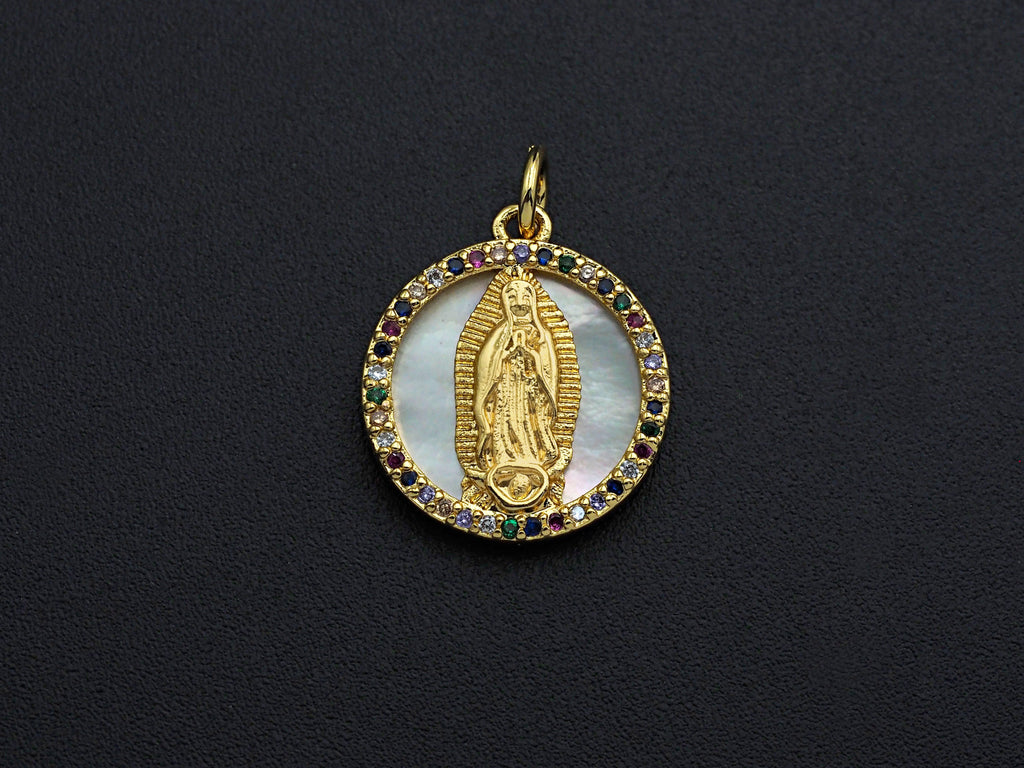 CZ Micro Pave Gold Mary on Mother-of-pearl Coin Pendant/Charm, Cubic Zirconia Pendant Charm, Religious Charm, 16x17mm,sku#Z748