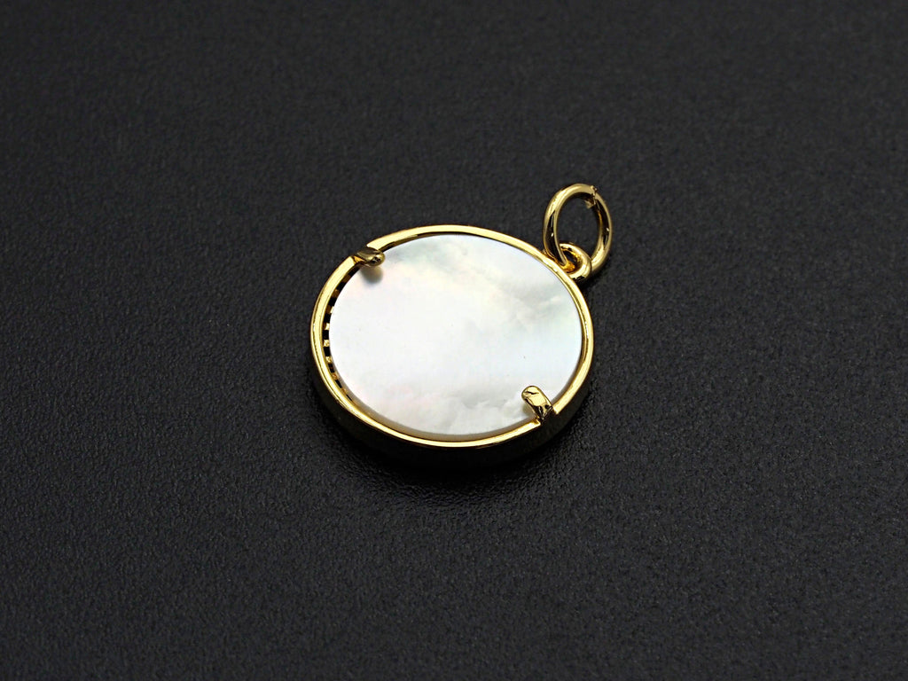 CZ Micro Pave Gold Mary on Mother-of-pearl Coin Pendant/Charm, Cubic Zirconia Pendant Charm, Religious Charm, 16x17mm,sku#Z748