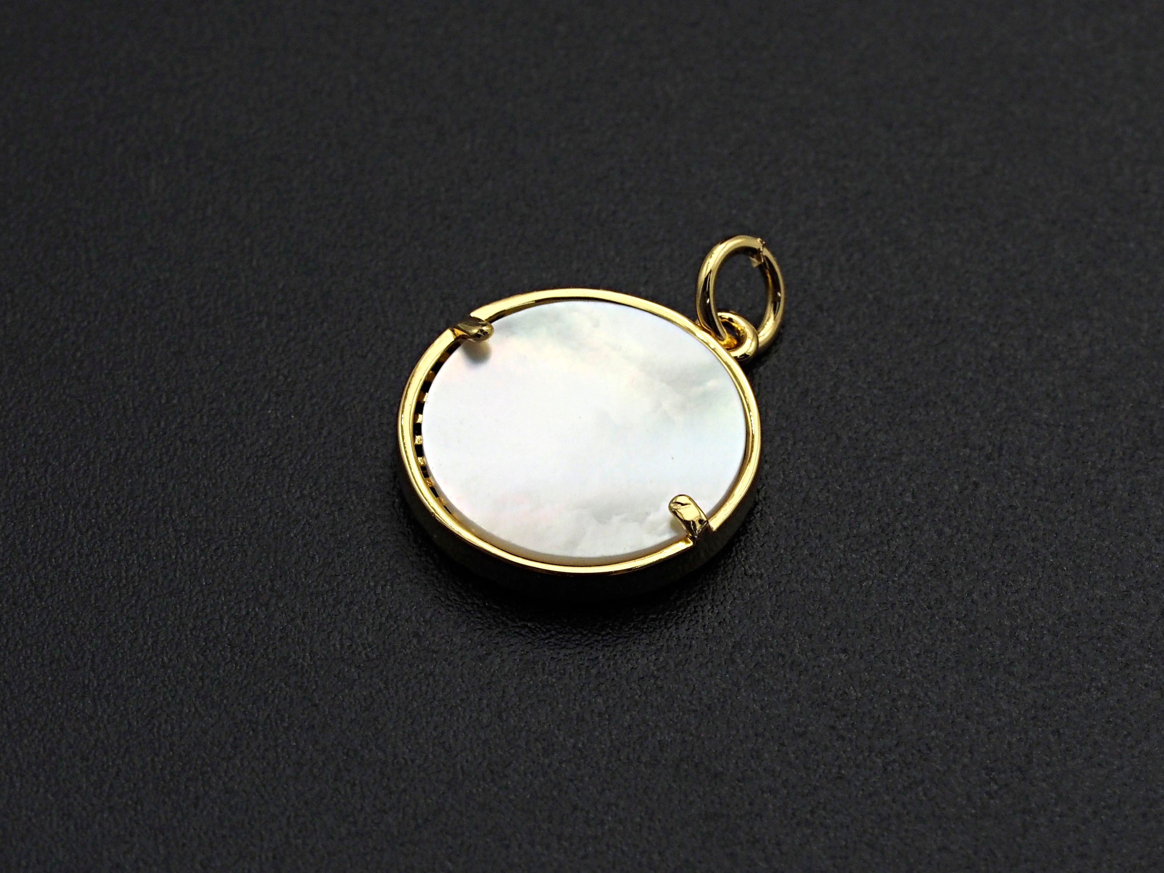CZ Micro Pave Gold Mary on Mother-of-pearl Coin Pendant/Charm, Cubic Zirconia Pendant Charm, Religious Charm, 16x17mm,sku#Z748