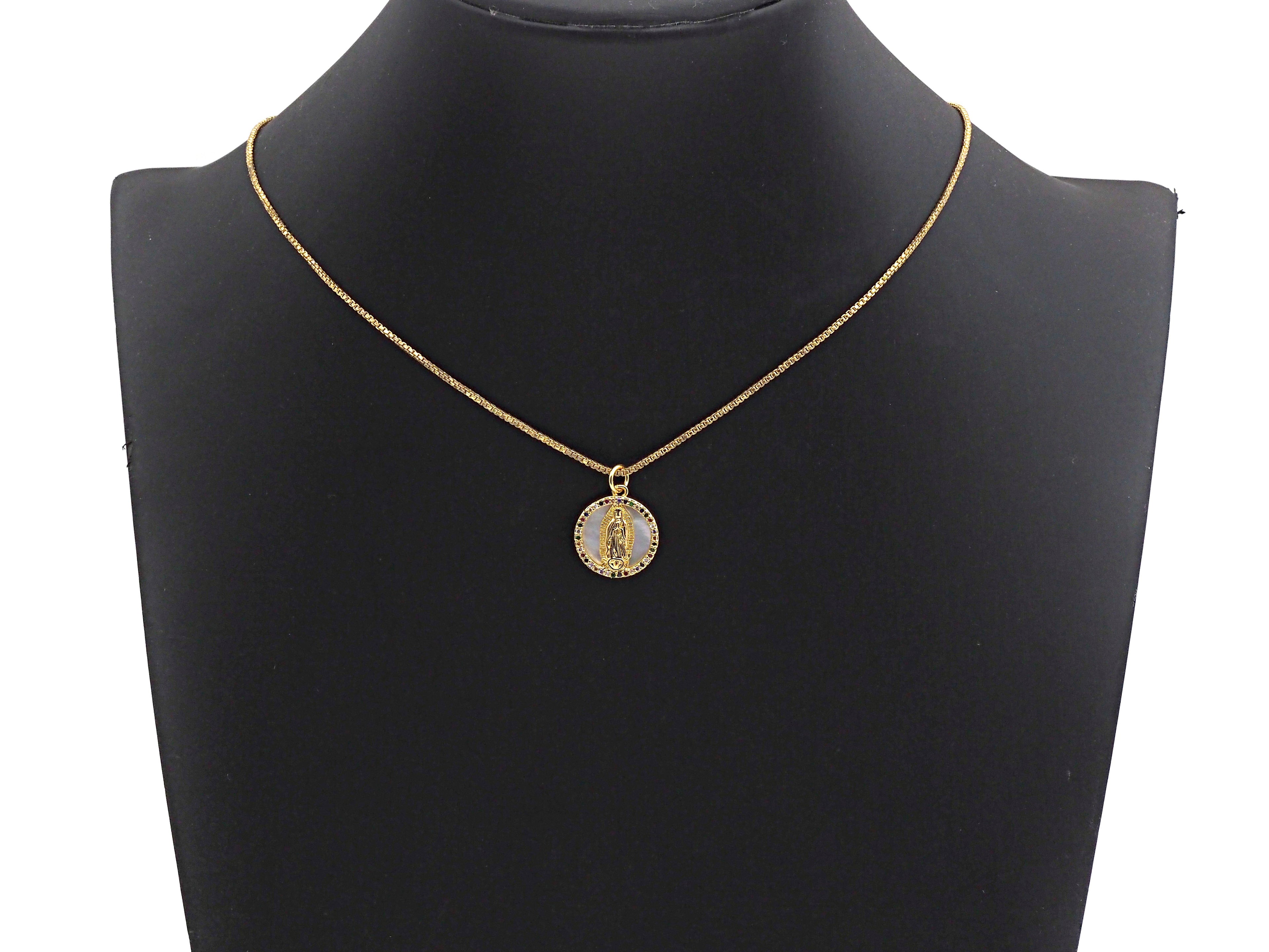 CZ Micro Pave Gold Mary on Mother-of-pearl Coin Pendant/Charm, Cubic Zirconia Pendant Charm, Religious Charm, 16x17mm,sku#Z748