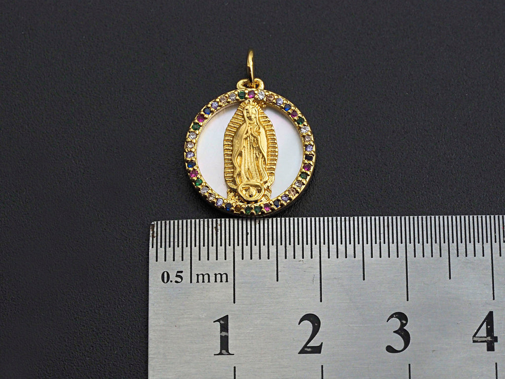 CZ Micro Pave Gold Mary on Mother-of-pearl Coin Pendant/Charm, Cubic Zirconia Pendant Charm, Religious Charm, 16x17mm,sku#Z748