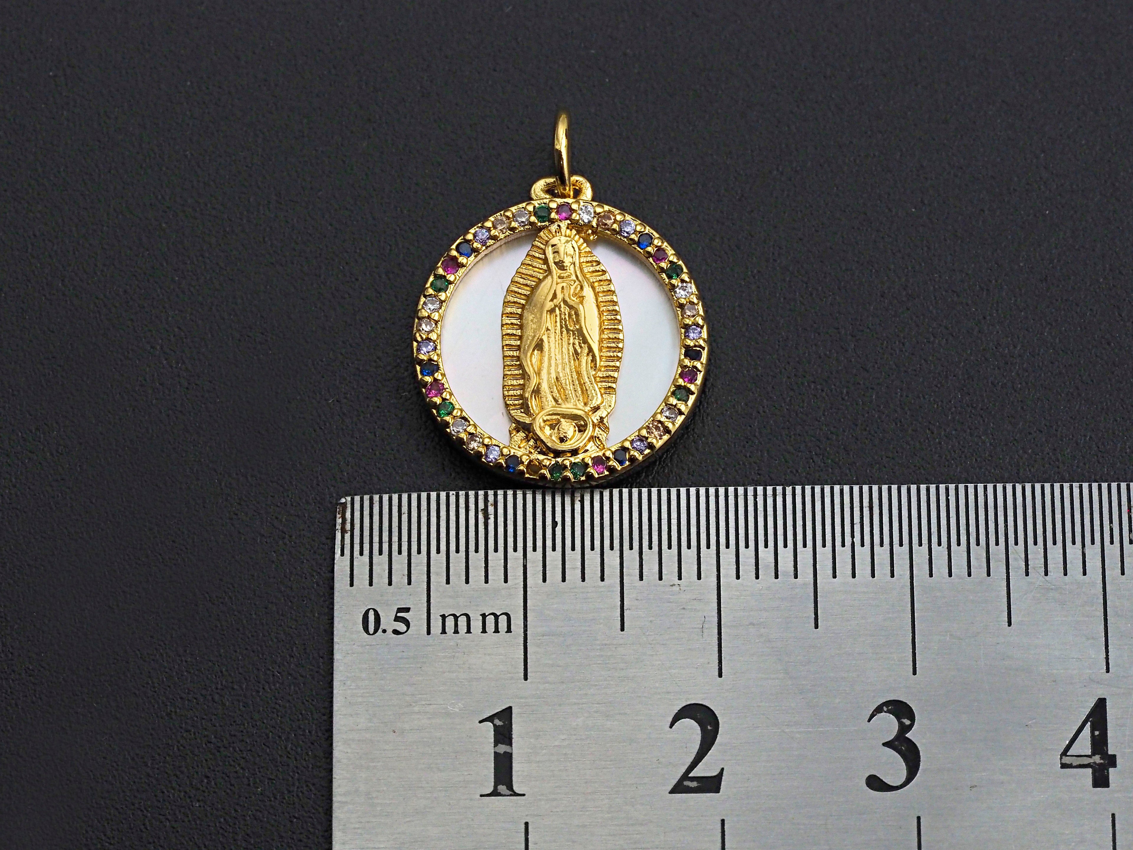 CZ Micro Pave Gold Mary on Mother-of-pearl Coin Pendant/Charm, Cubic Zirconia Pendant Charm, Religious Charm, 16x17mm,sku#Z748