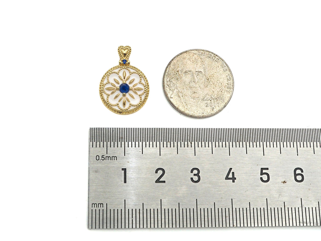 Gold Filled White Enamel Flower On Round Coin Shape Pendant, Cobalt CZ Micro Pave 14K Gold Filled Charm,Enamel Jewelry,15x20mm,Sku#CP37