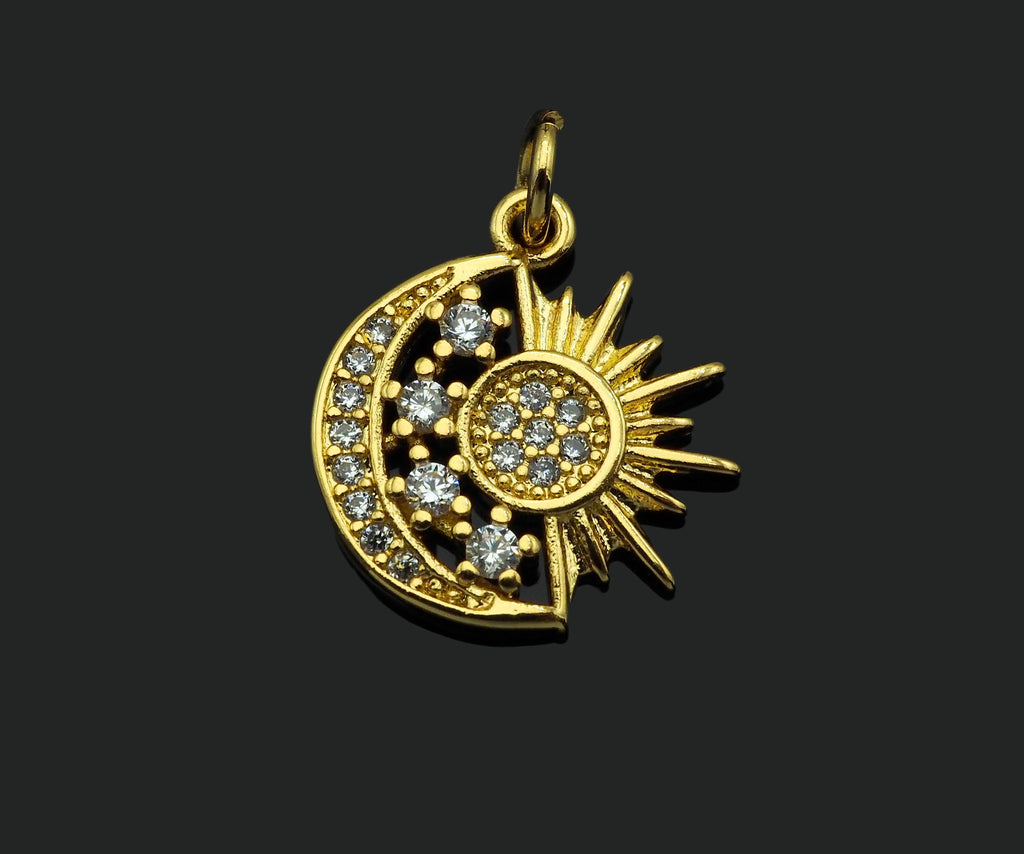 CZ Micro Pave Daint Sun Star On Cresent Moon Charms, Dainty Charms, Gold Pendant, Star Moon Necklace Charms, 14x15mm, Sku#Z1259