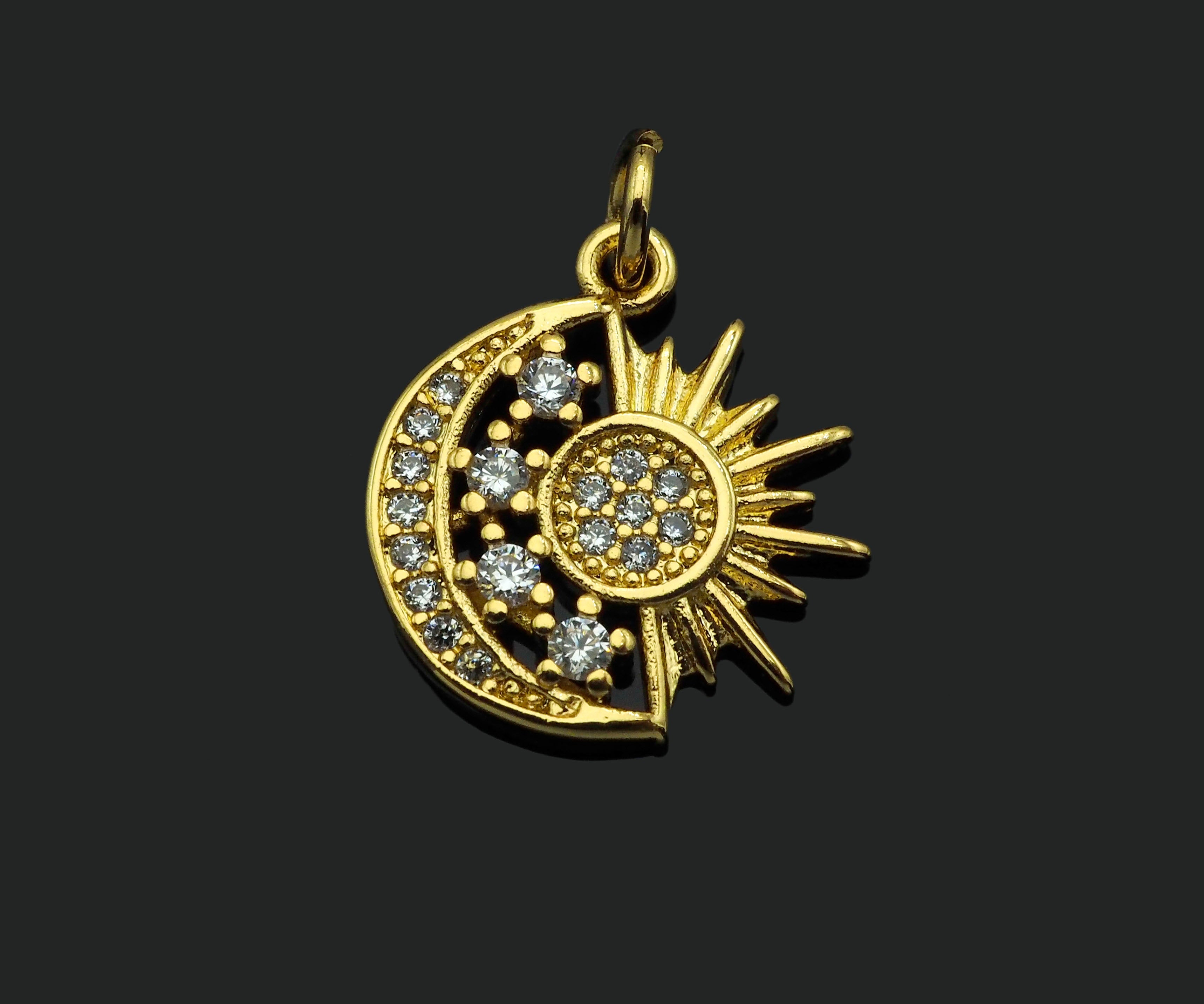 CZ Micro Pave Daint Sun Star On Cresent Moon Charms, Dainty Charms, Gold Pendant, Star Moon Necklace Charms, 14x15mm, Sku#Z1259
